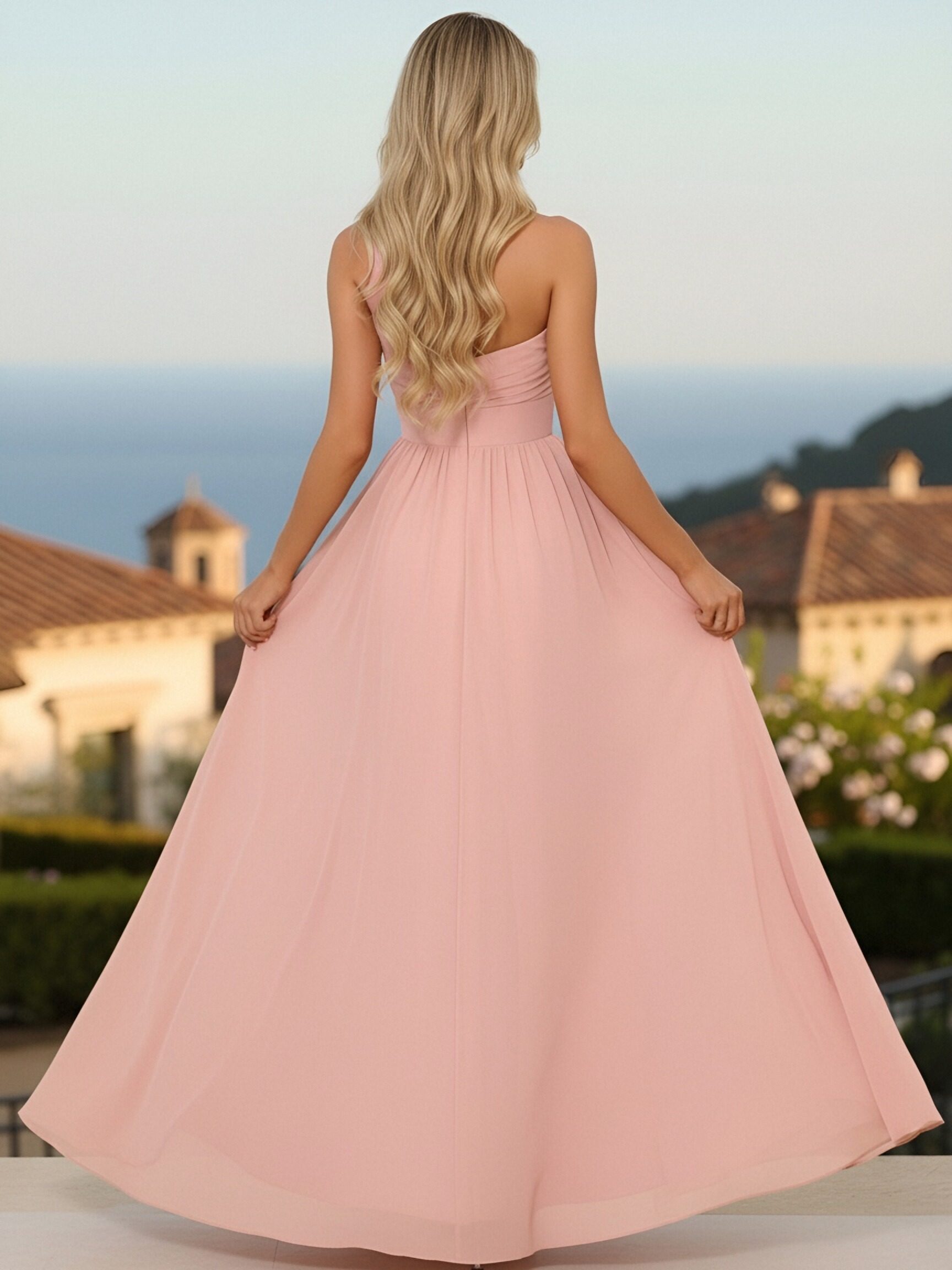 One Shoulder Chiffon A Line Bridesmaid Dresses with Slit