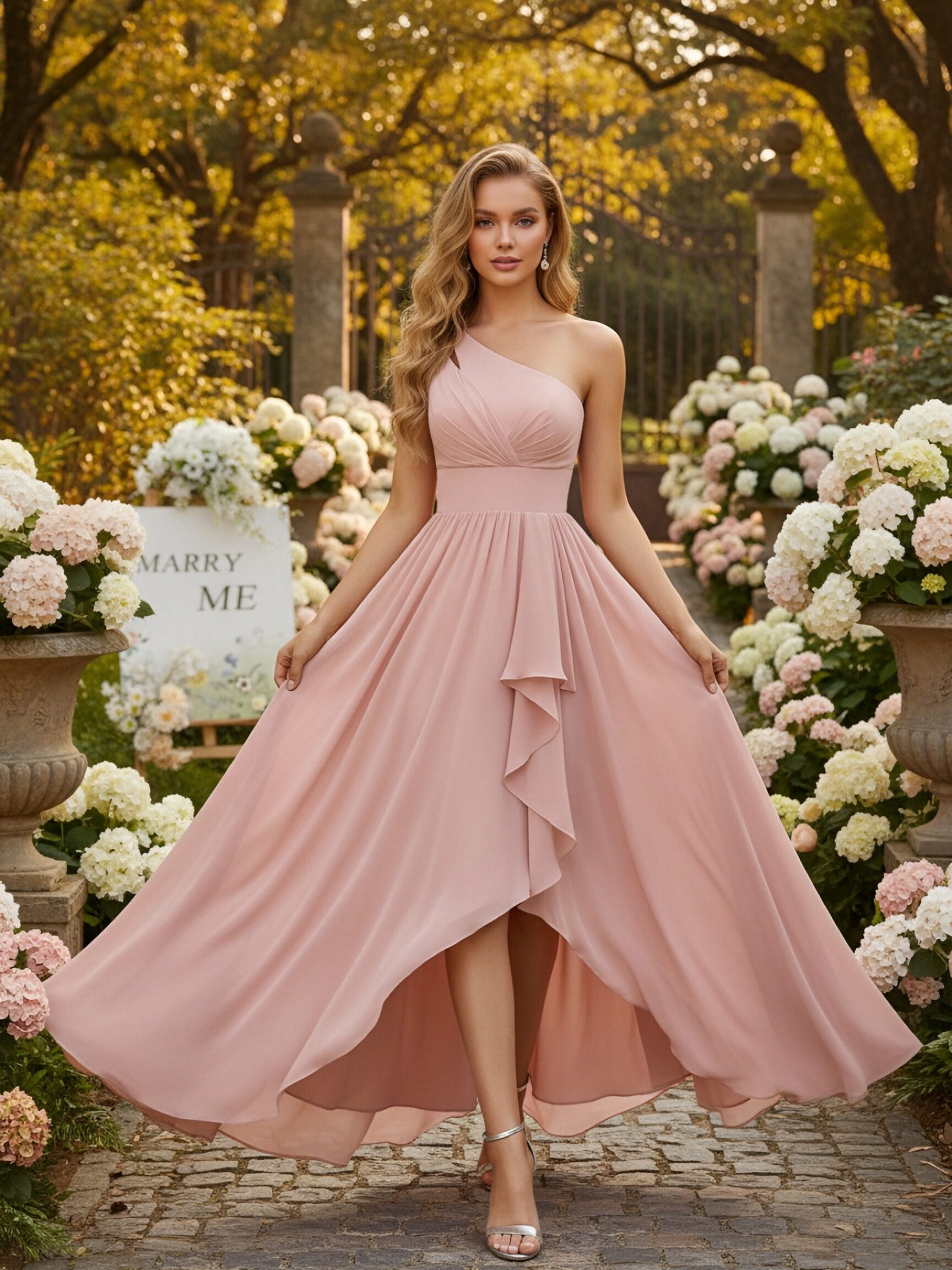 One Shoulder Chiffon A Line Bridesmaid Dresses with Slit