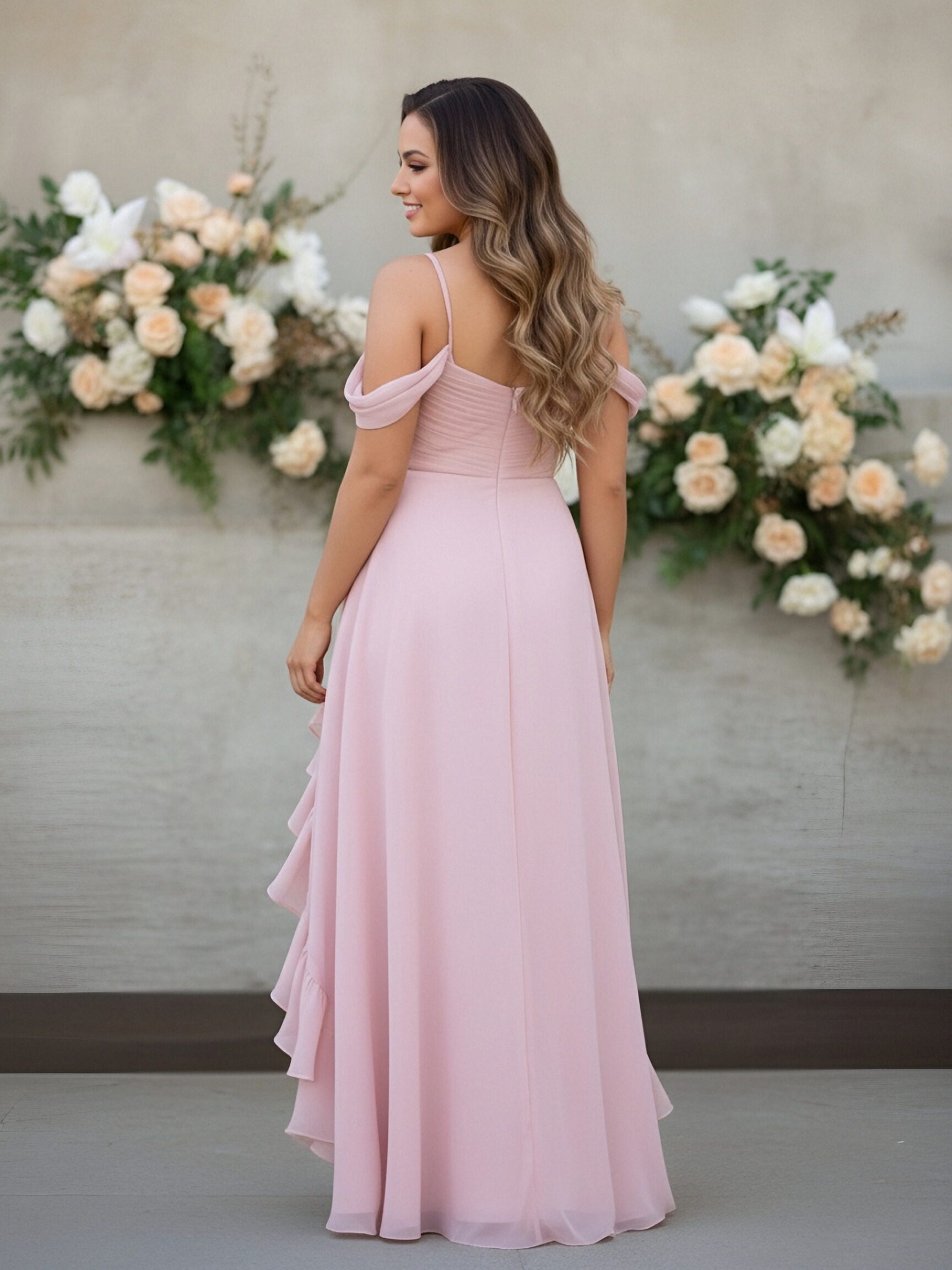 Off the Shoulder Chiffon High Low Bridesmaid Dresses