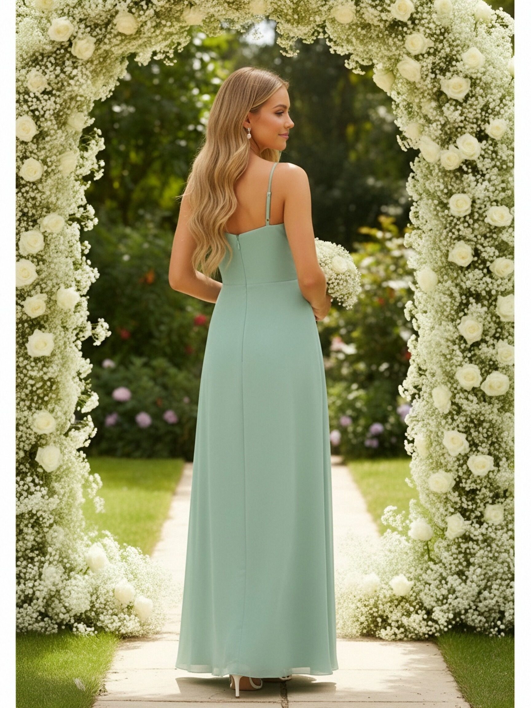 Spaghetti Straps Chiffon A Line Bridesmaid Dresses with Slit
