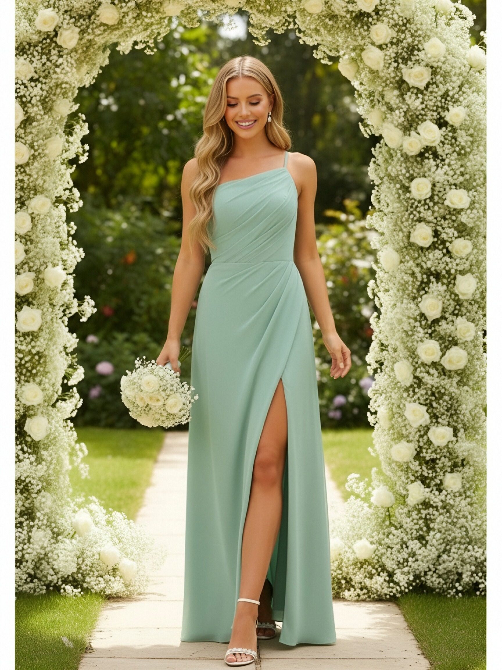 Spaghetti Straps Chiffon A Line Bridesmaid Dresses with Slit