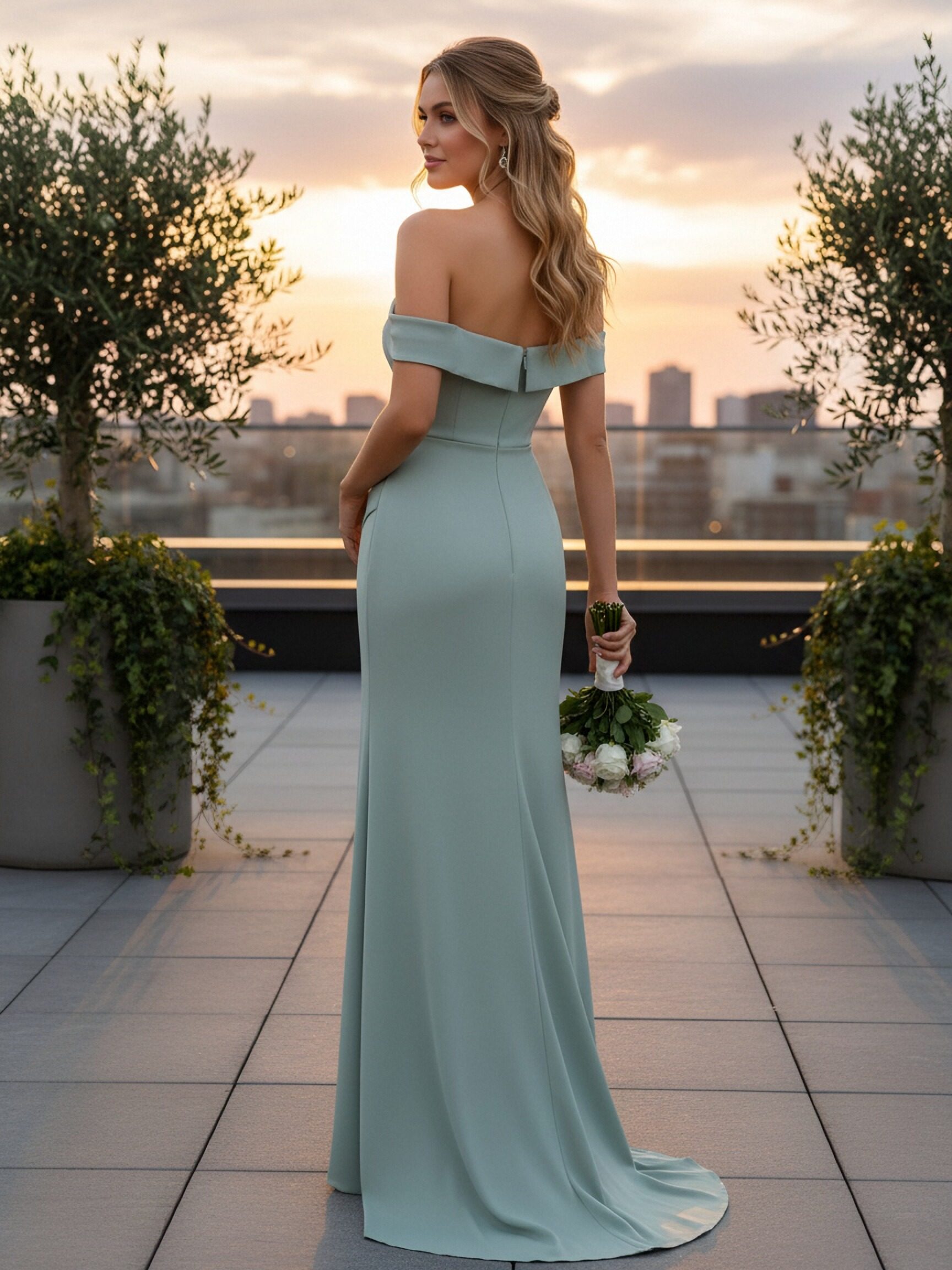 Satin Off the Shoulder Ruched Bridesmaid Dresses with Slit