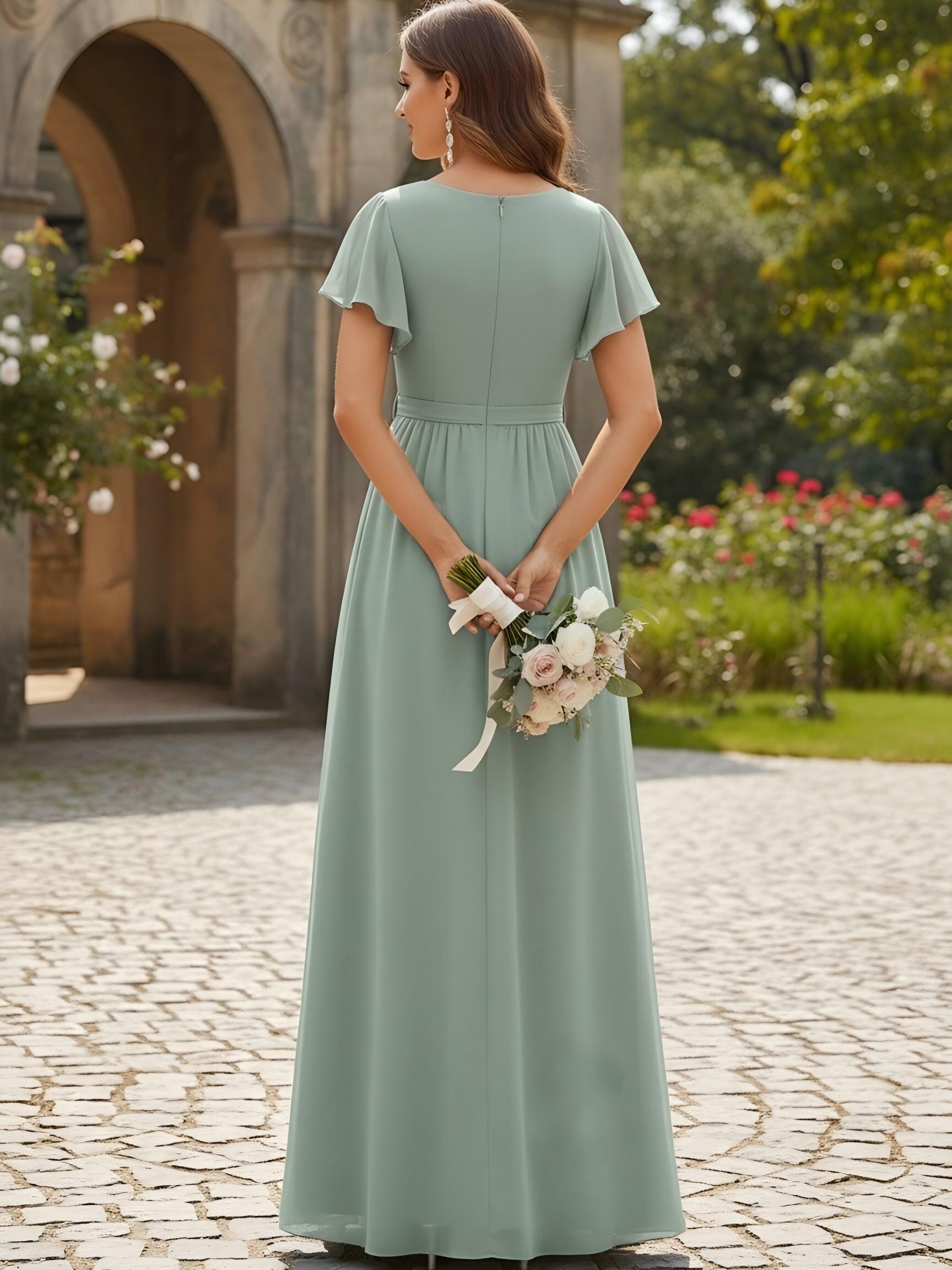 Chiffon V Neck Tulle Ruffles Bridesmaid Dresses with Slit