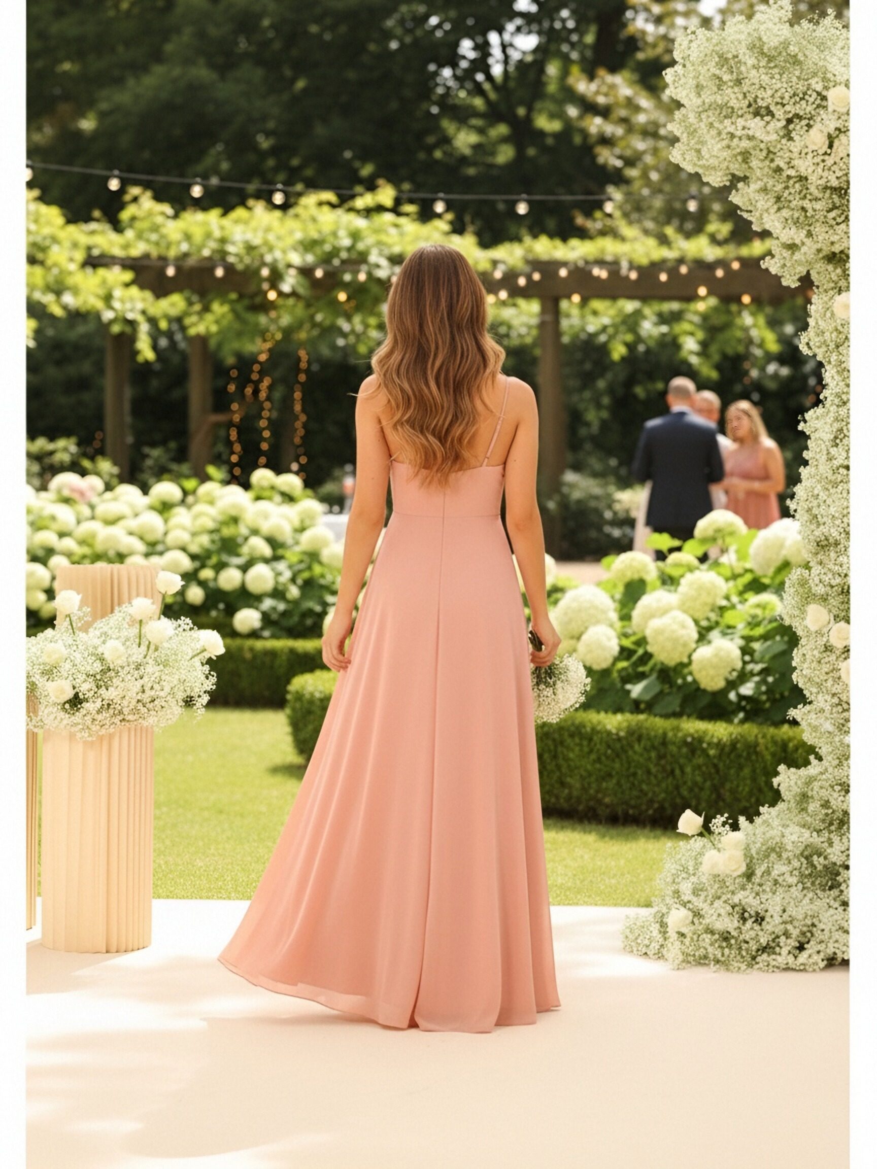 Chiffon Spaghetti Straps Ruffles A Line Bridesmaid Dresses with Slit