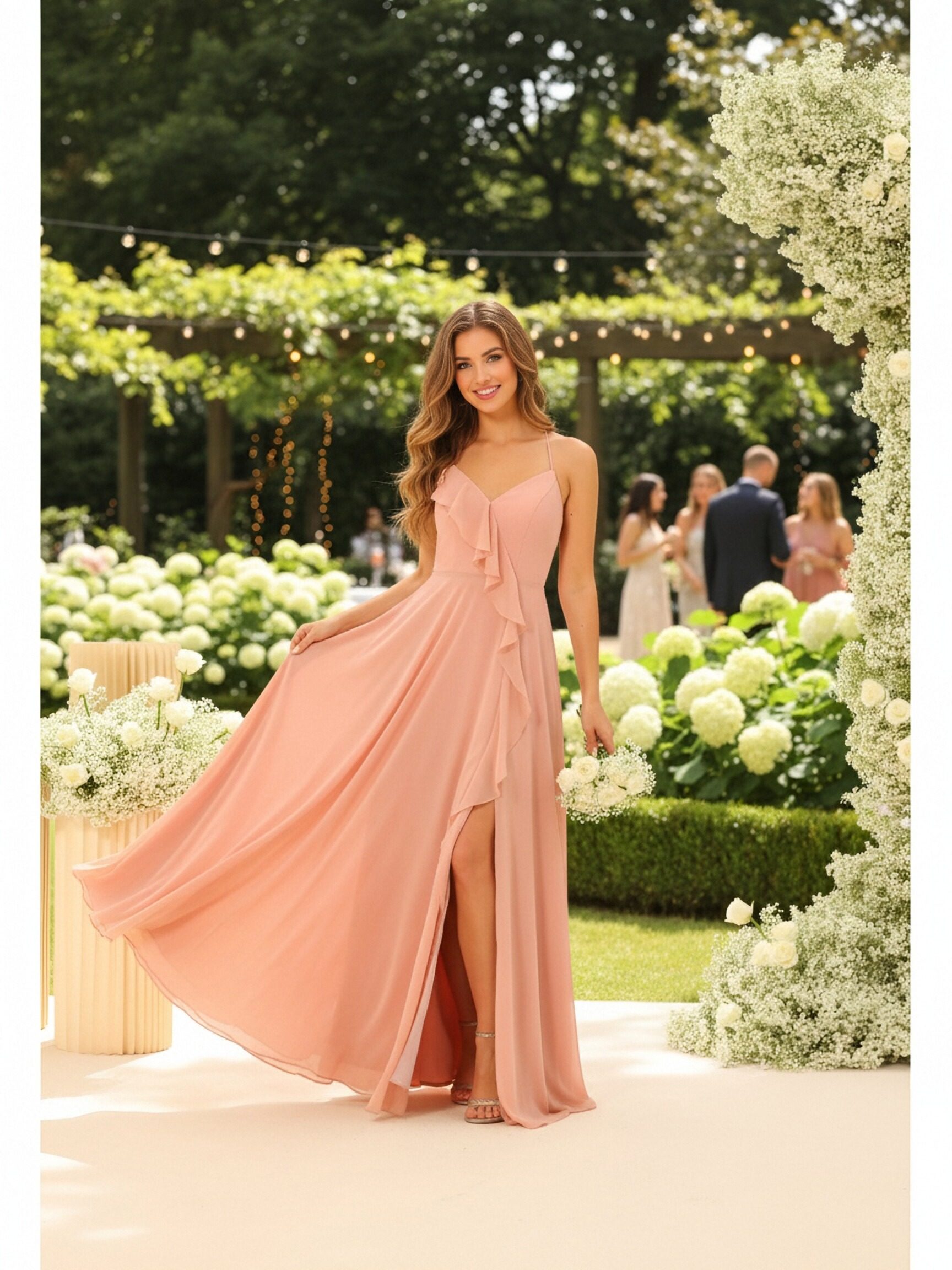 Chiffon Spaghetti Straps Ruffles A Line Bridesmaid Dresses with Slit