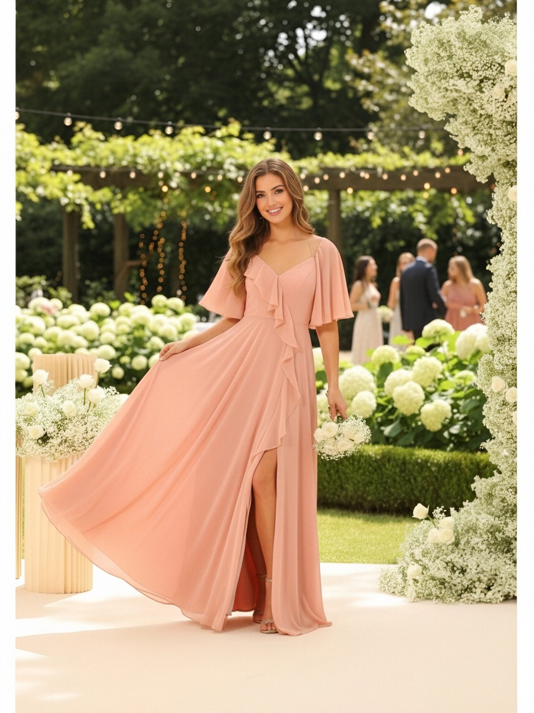 Chiffon Short Sleeves A Line Ruffles Bridesmaid Dresses with Slit