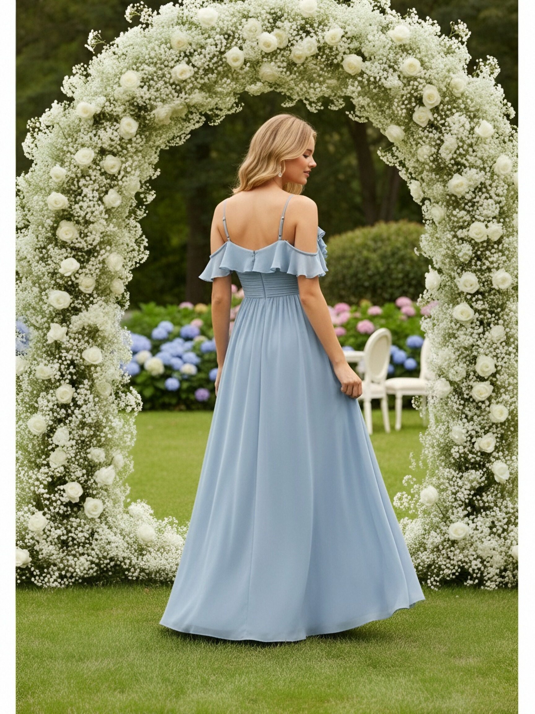 Chiffon Spaghetti Straps A Line Ruffles Bridesmaid Dresses with Slit