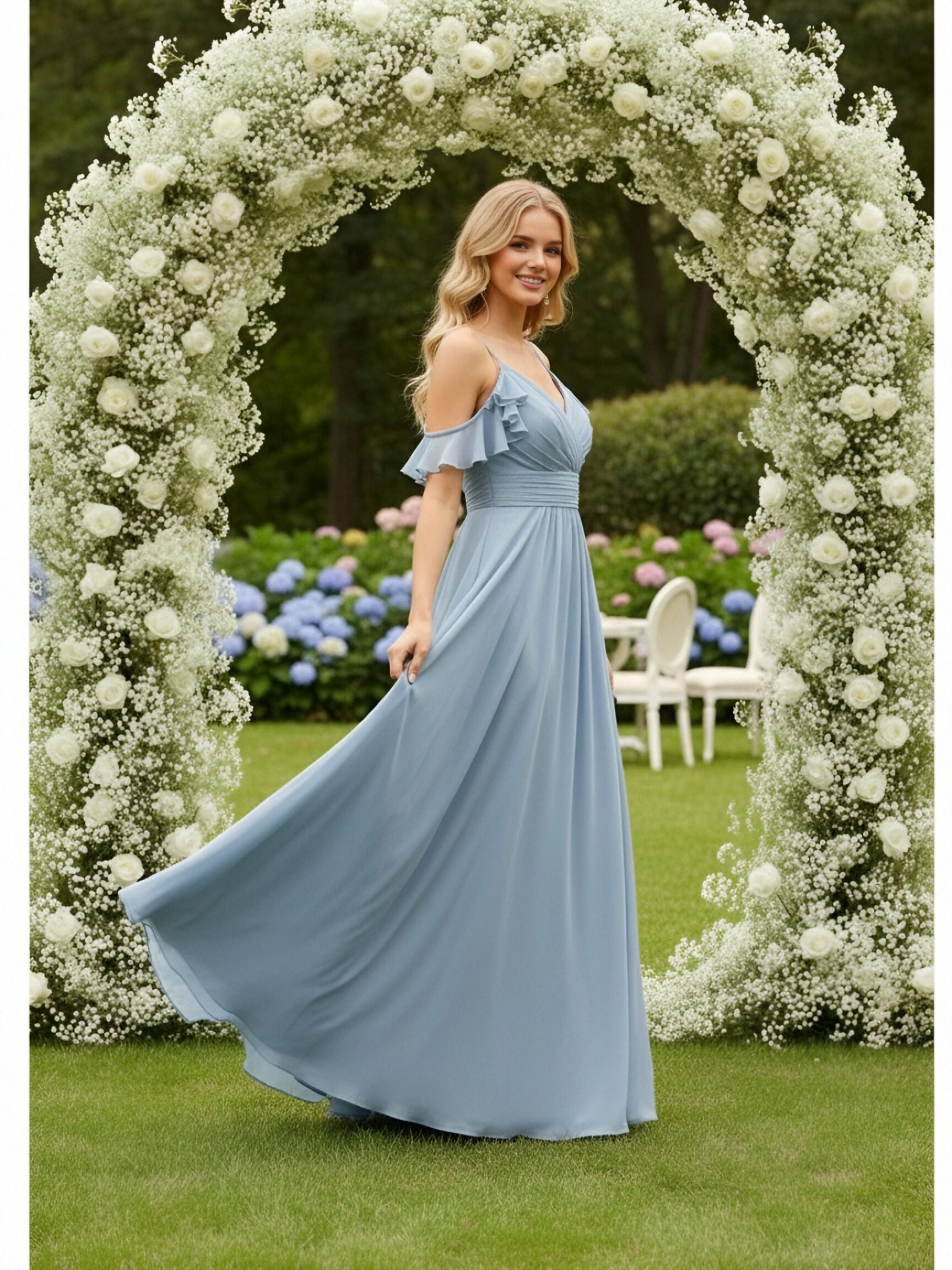 Chiffon Spaghetti Straps A Line Ruffles Bridesmaid Dresses with Slit