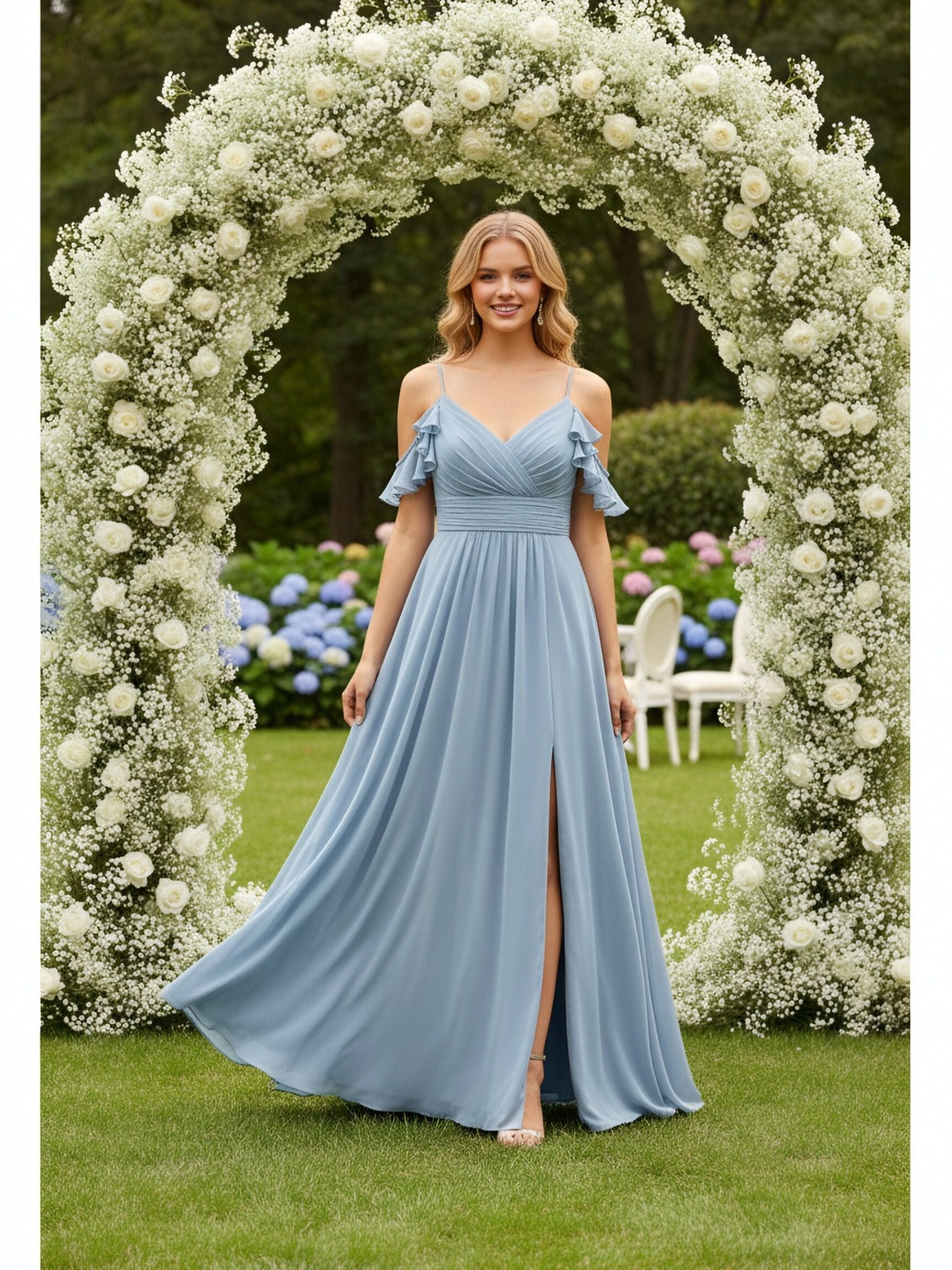 Chiffon Spaghetti Straps A Line Ruffles Bridesmaid Dresses with Slit