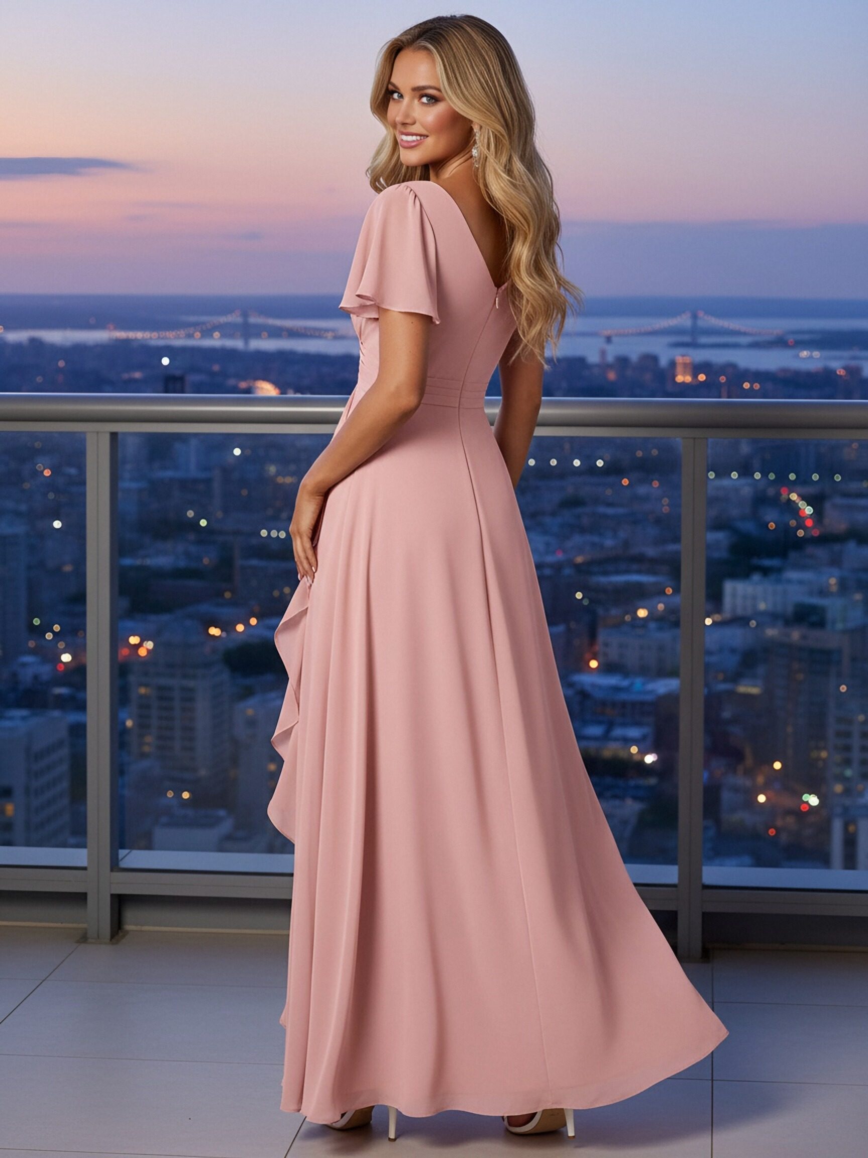 Chiffon V Neck A Line Ruffles Short Sleeves  Bridesmaid Dresses with Slit