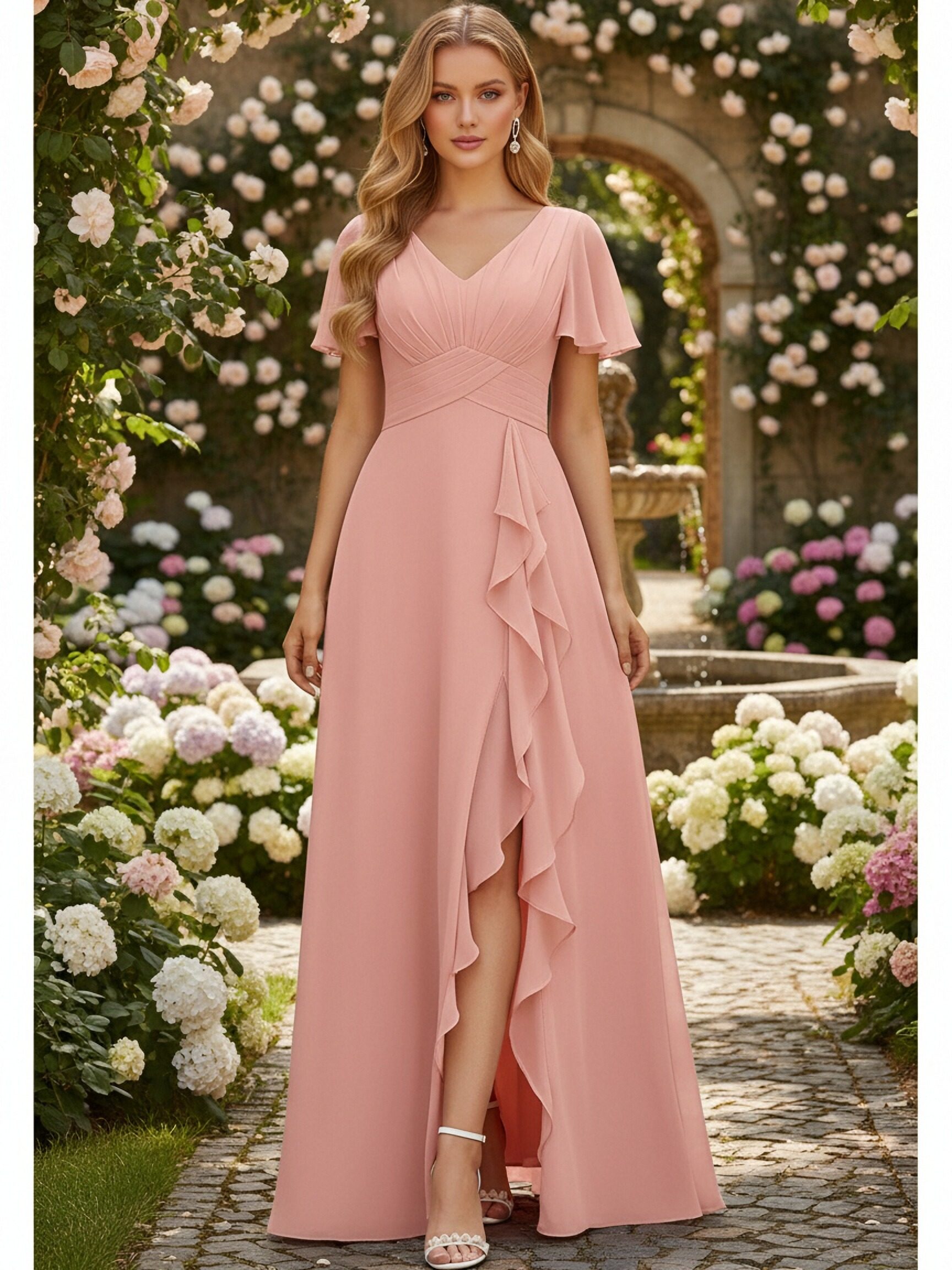 Chiffon V Neck A Line Ruffles Short Sleeves  Bridesmaid Dresses with Slit