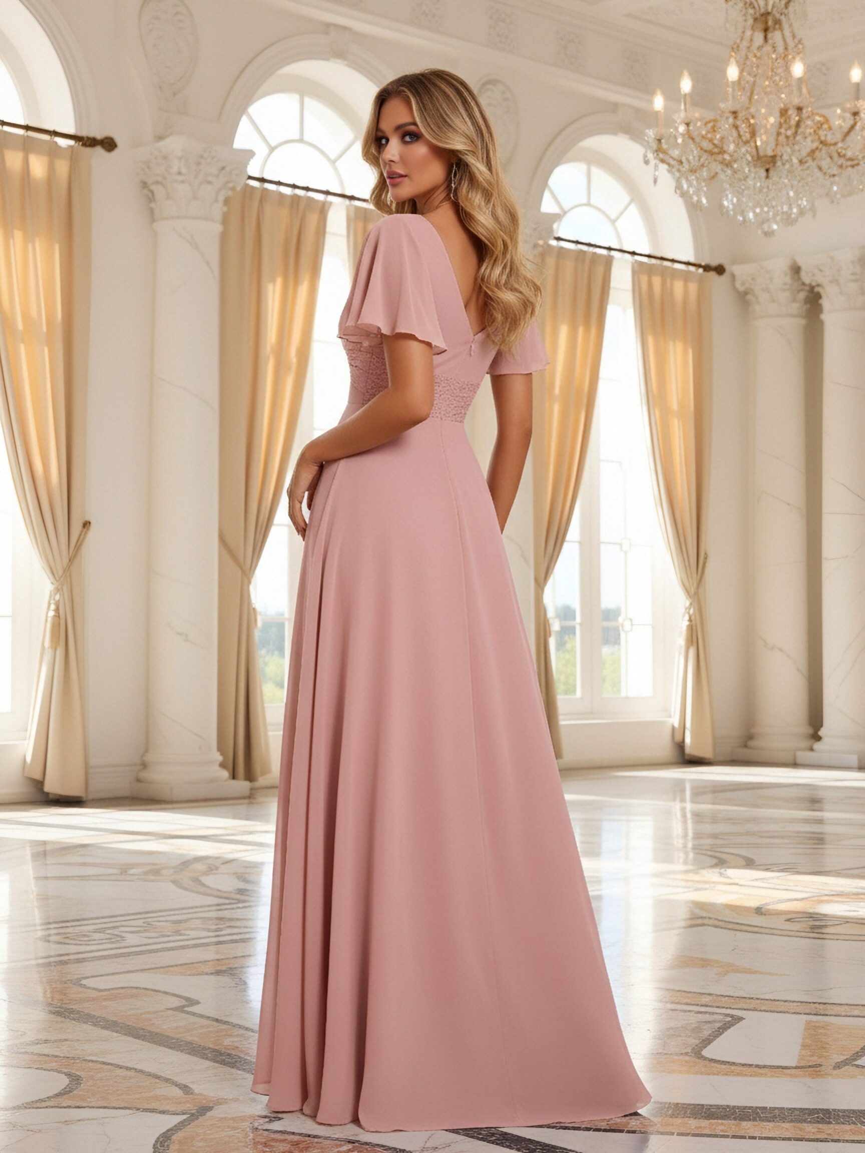 Chiffon V Neck Short Sleeves Pleated Bridesmaid Dresses with Slit