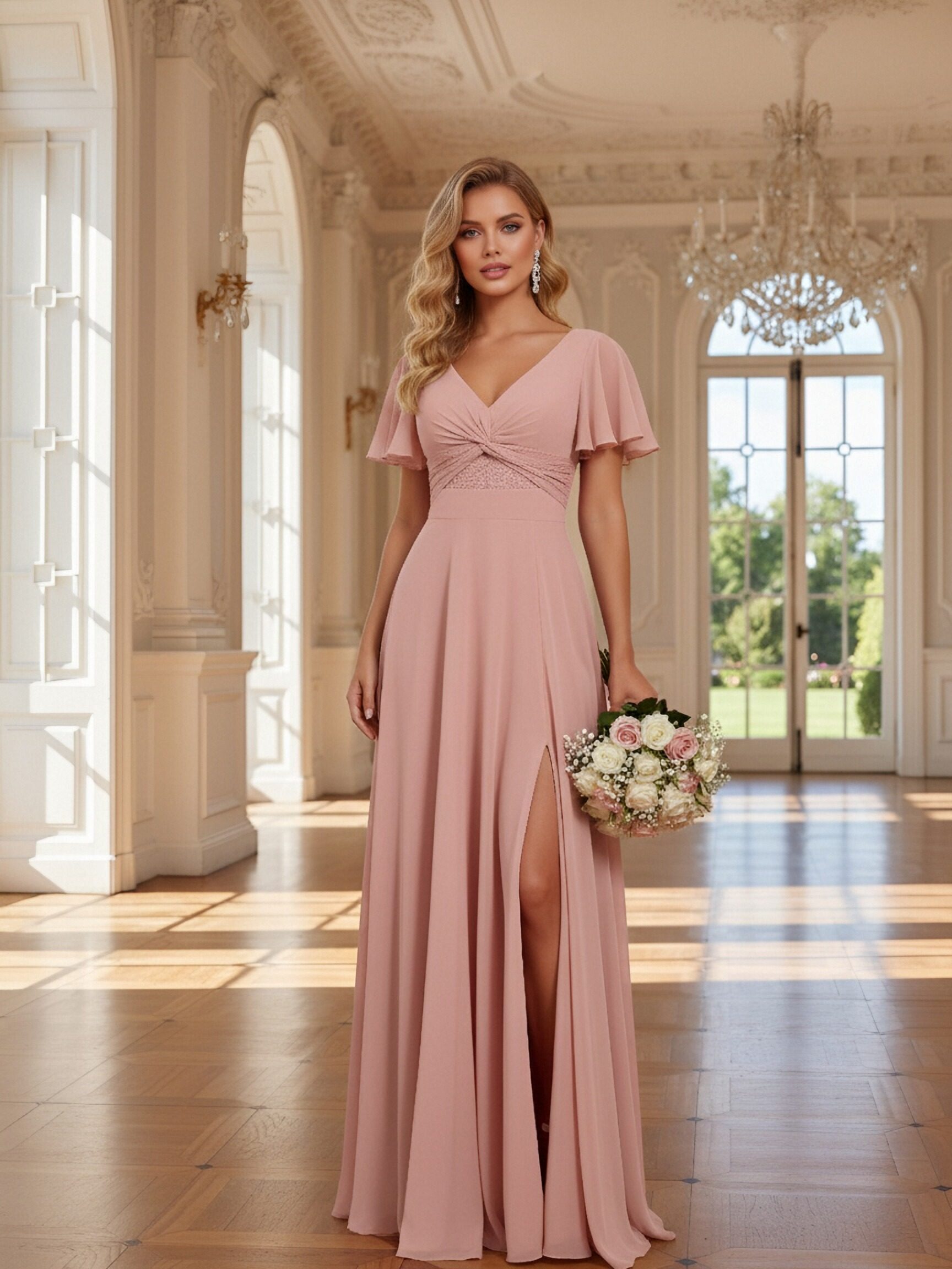 Chiffon V Neck Short Sleeves Pleated Bridesmaid Dresses with Slit