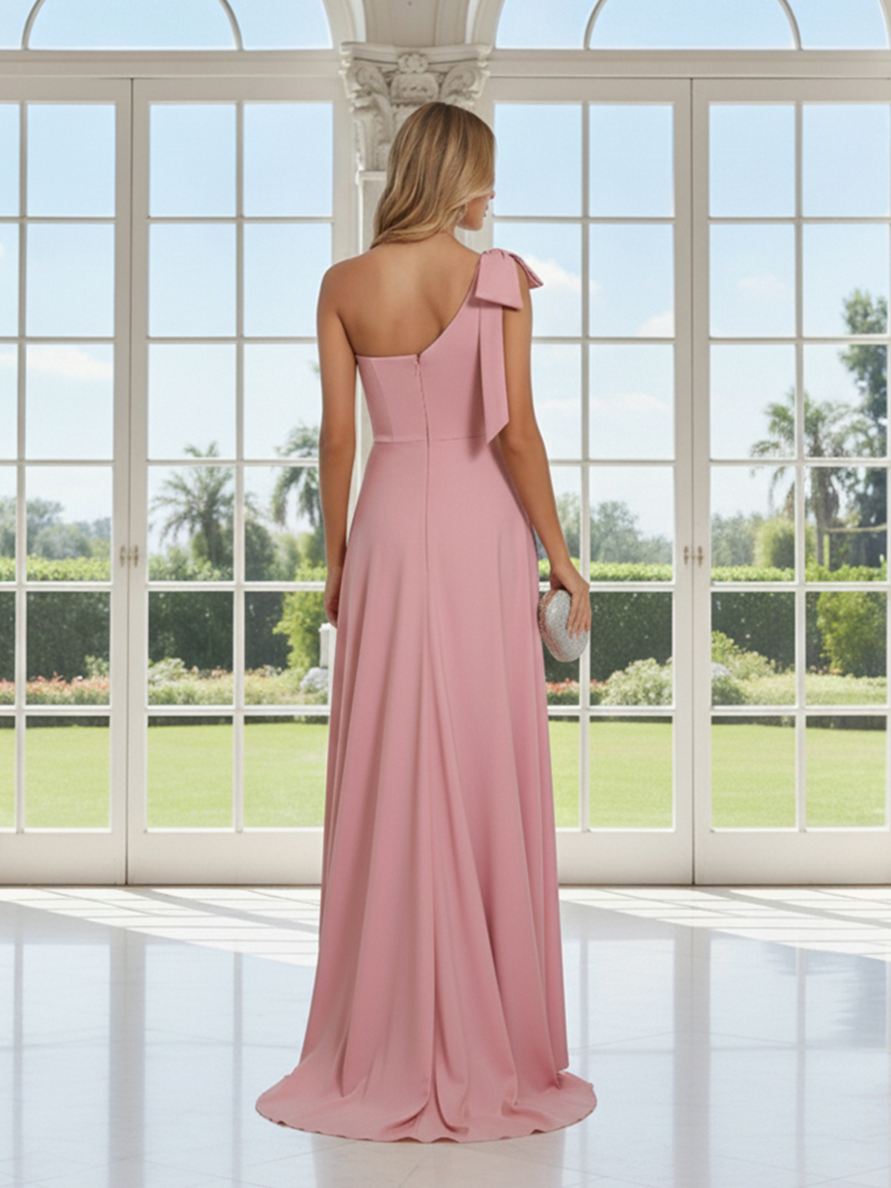 Chiffon One Shoulder Sleeveless Bow Bridesmaid Dresses with Slit
