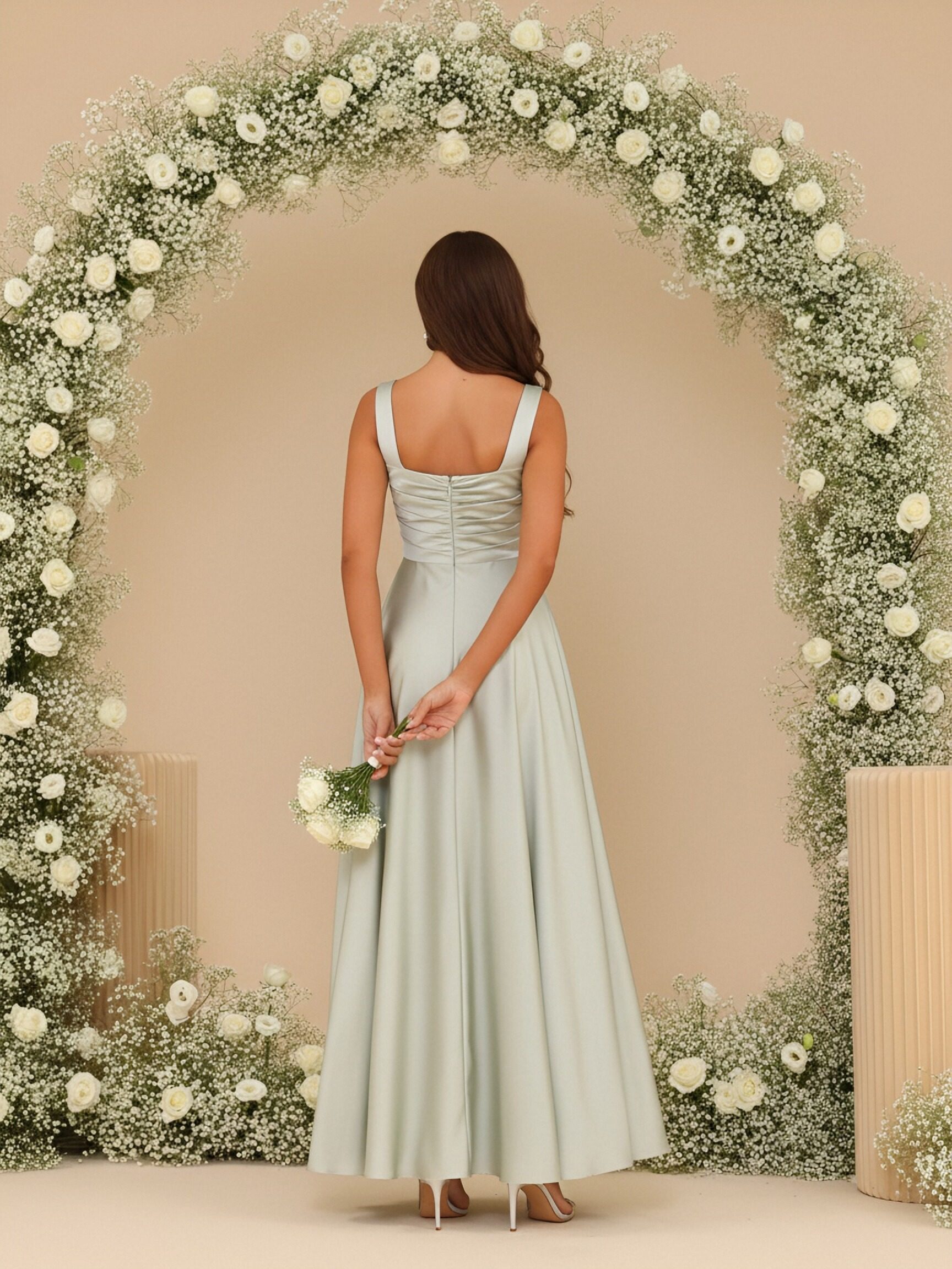 Chiffon Square Neck Spaghetti Straps Bridesmaid Dresses with Slit