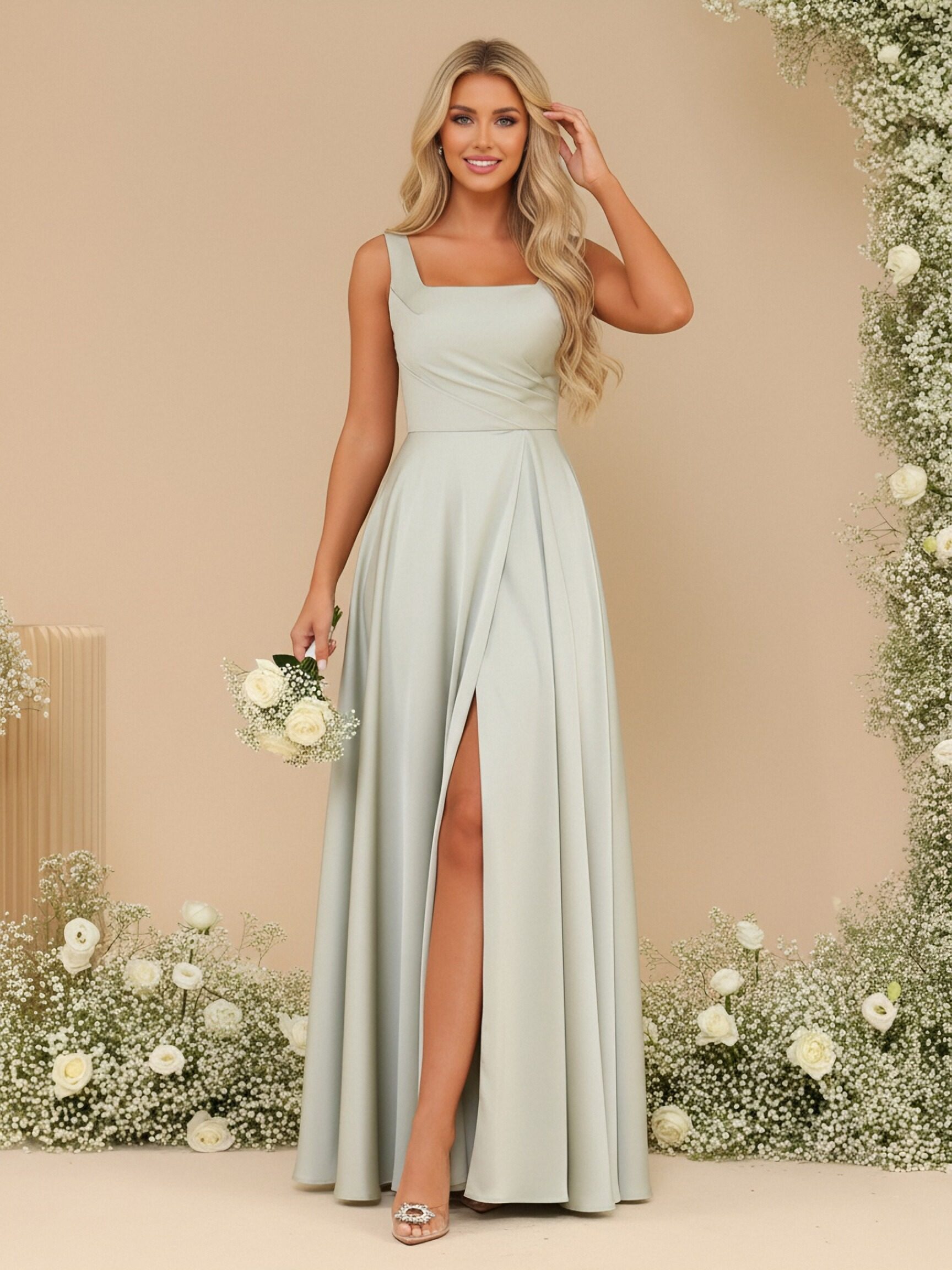 Chiffon Square Neck Spaghetti Straps Bridesmaid Dresses with Slit