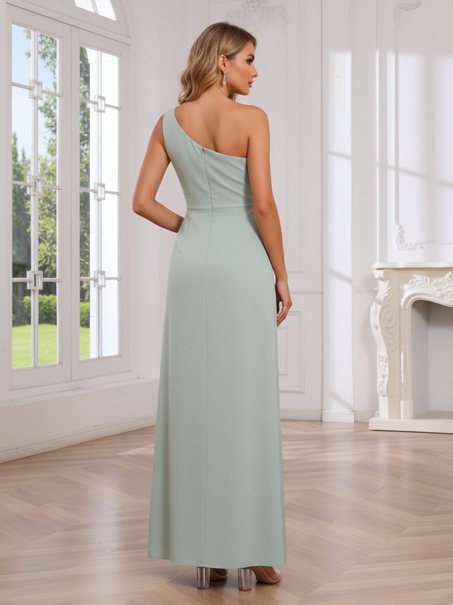 Chiffon One Shoulder Sleeveless A Line Bridesmaid Dresses with Slit