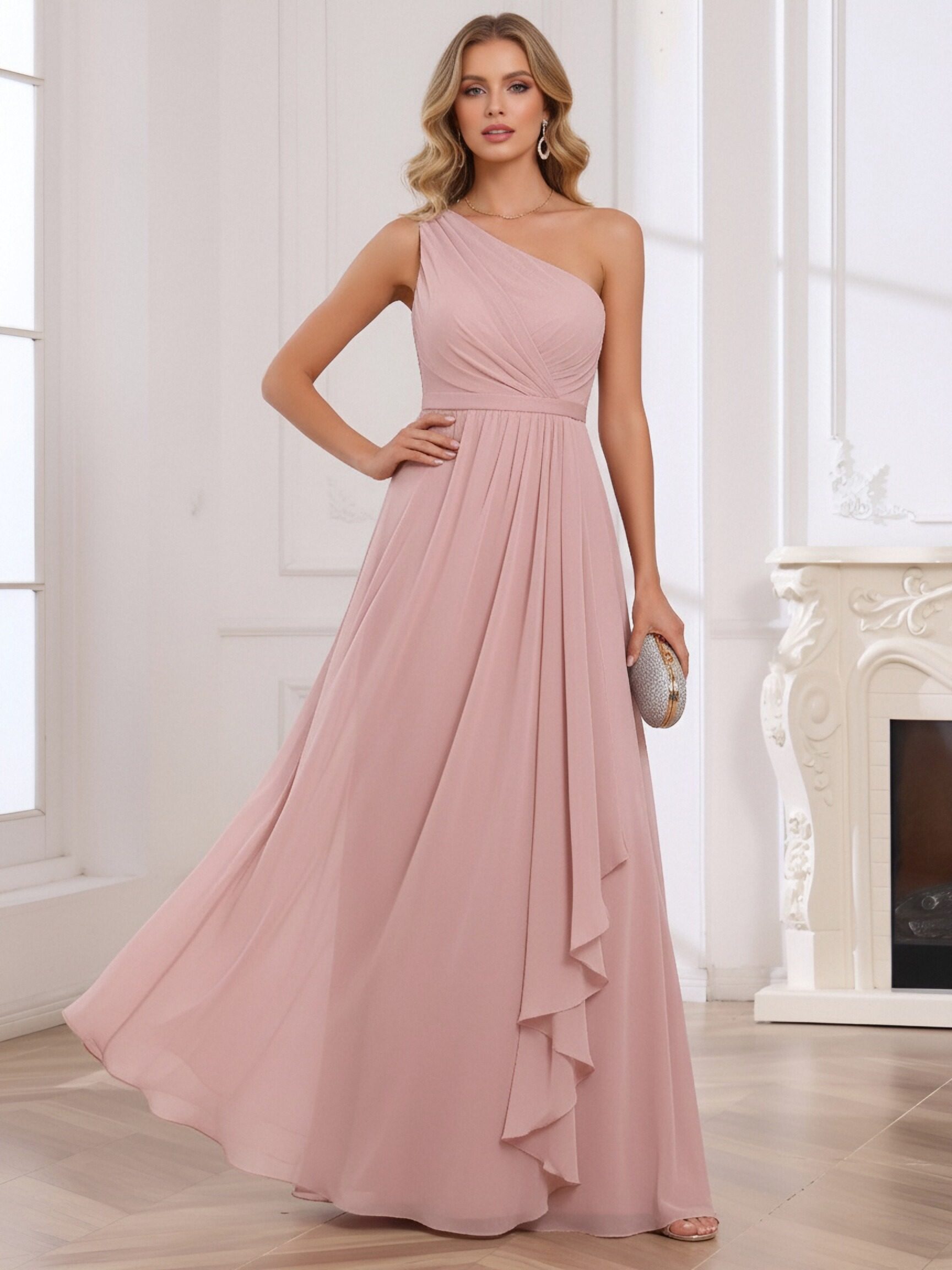 Chiffon One Shoulder A Line Pleated Ruffles Bridesmaid Dresses