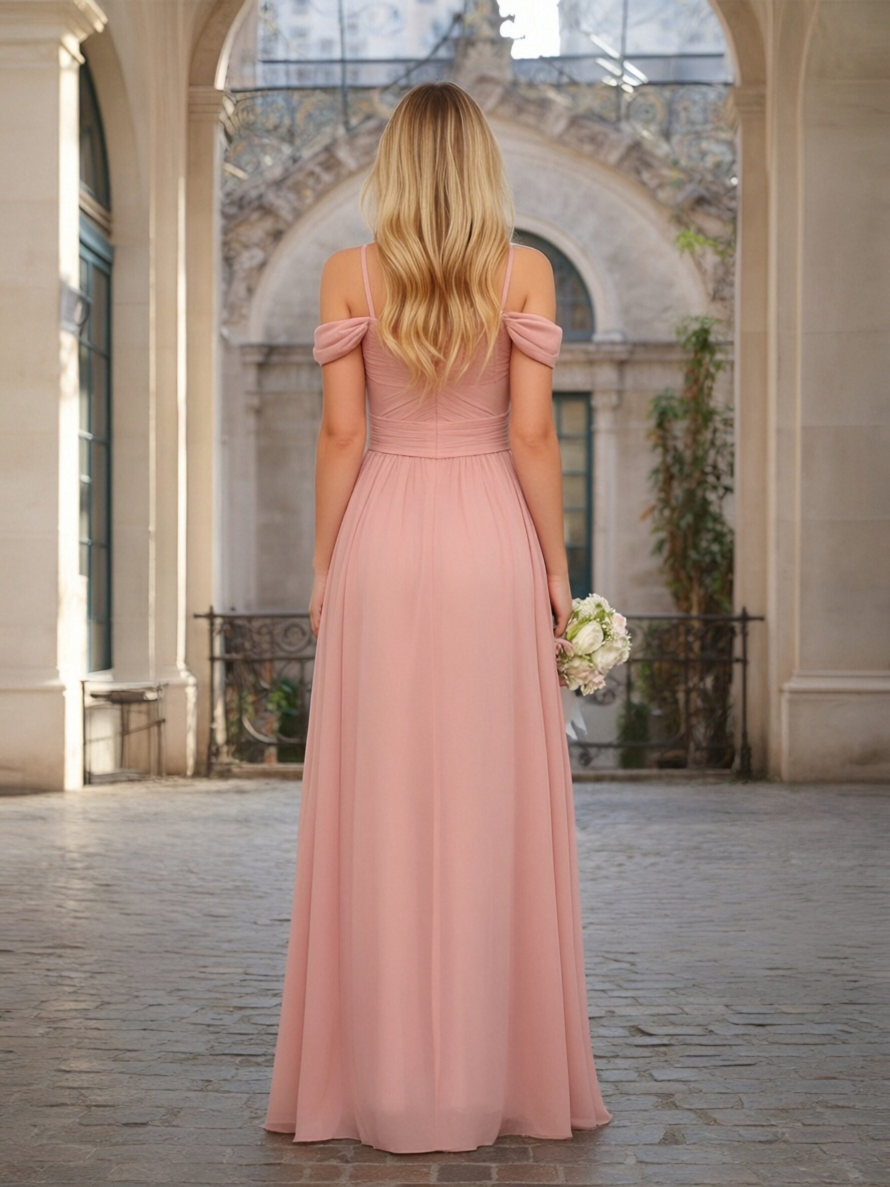 Chiffon Spaghetti Straps A Line Bridesmaid Dresses with Slit