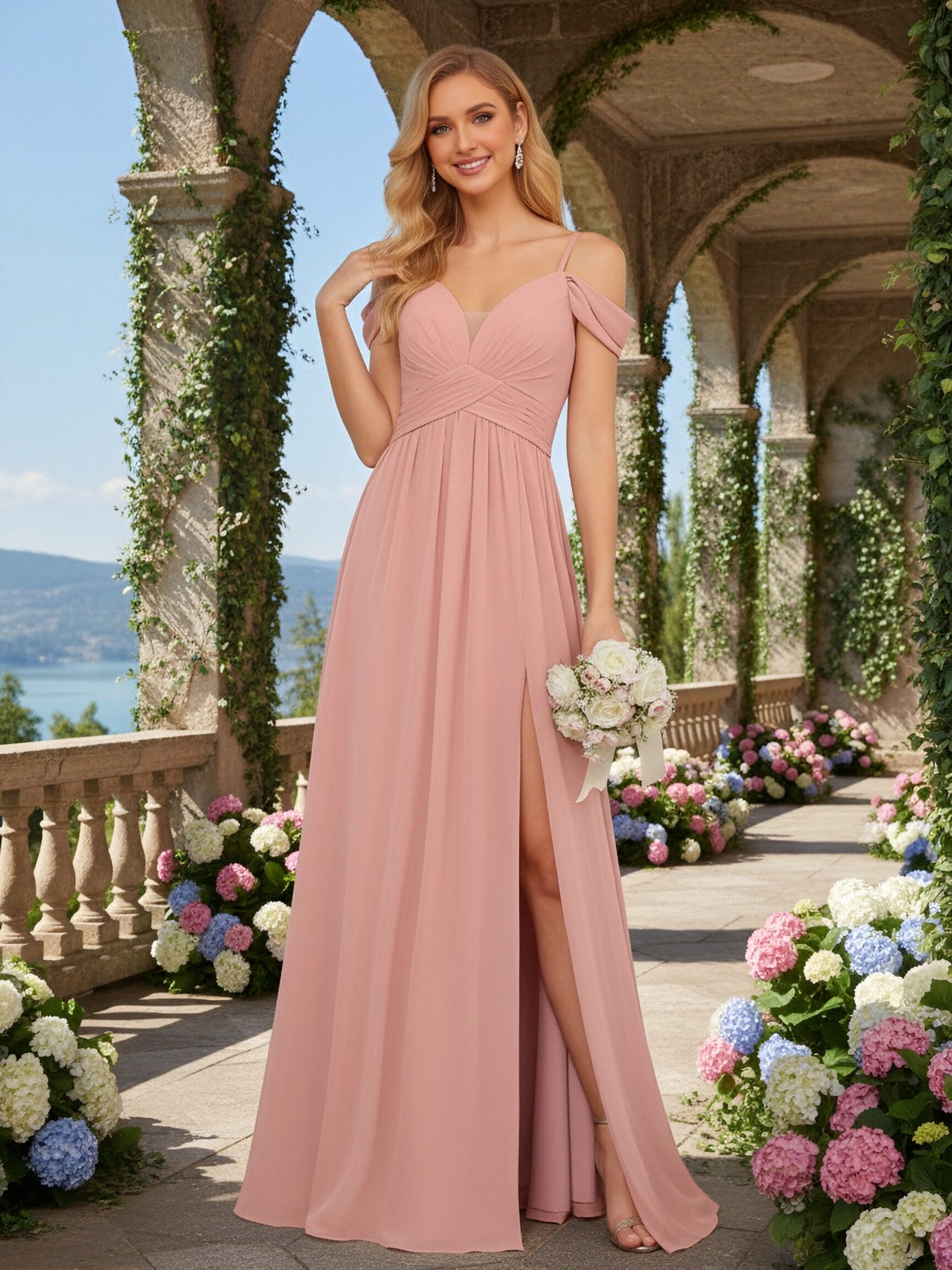 Chiffon Spaghetti Straps A Line Bridesmaid Dresses with Slit