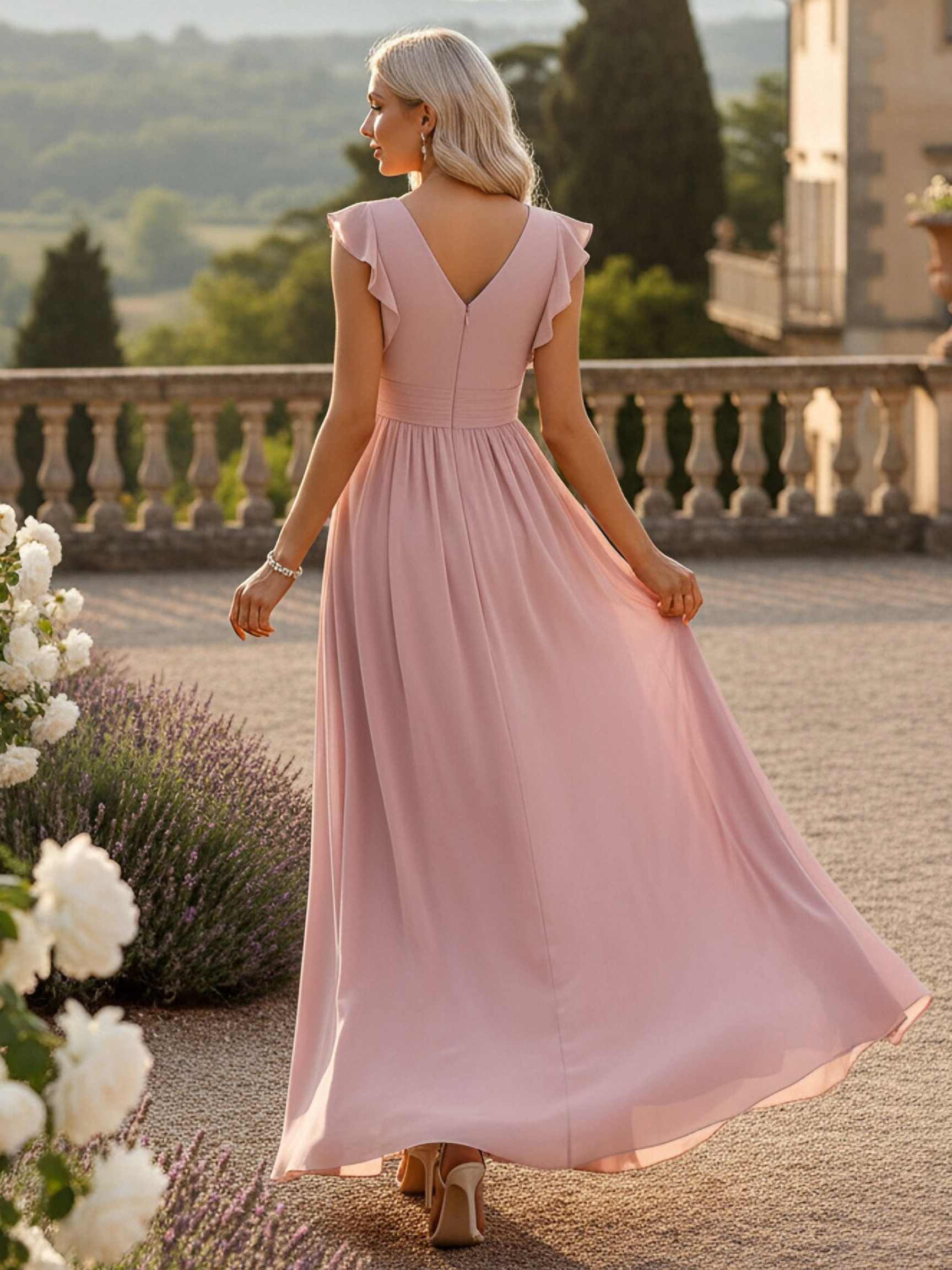 Chiffon V Neck Corset Bridesmaid Dresses with Slit