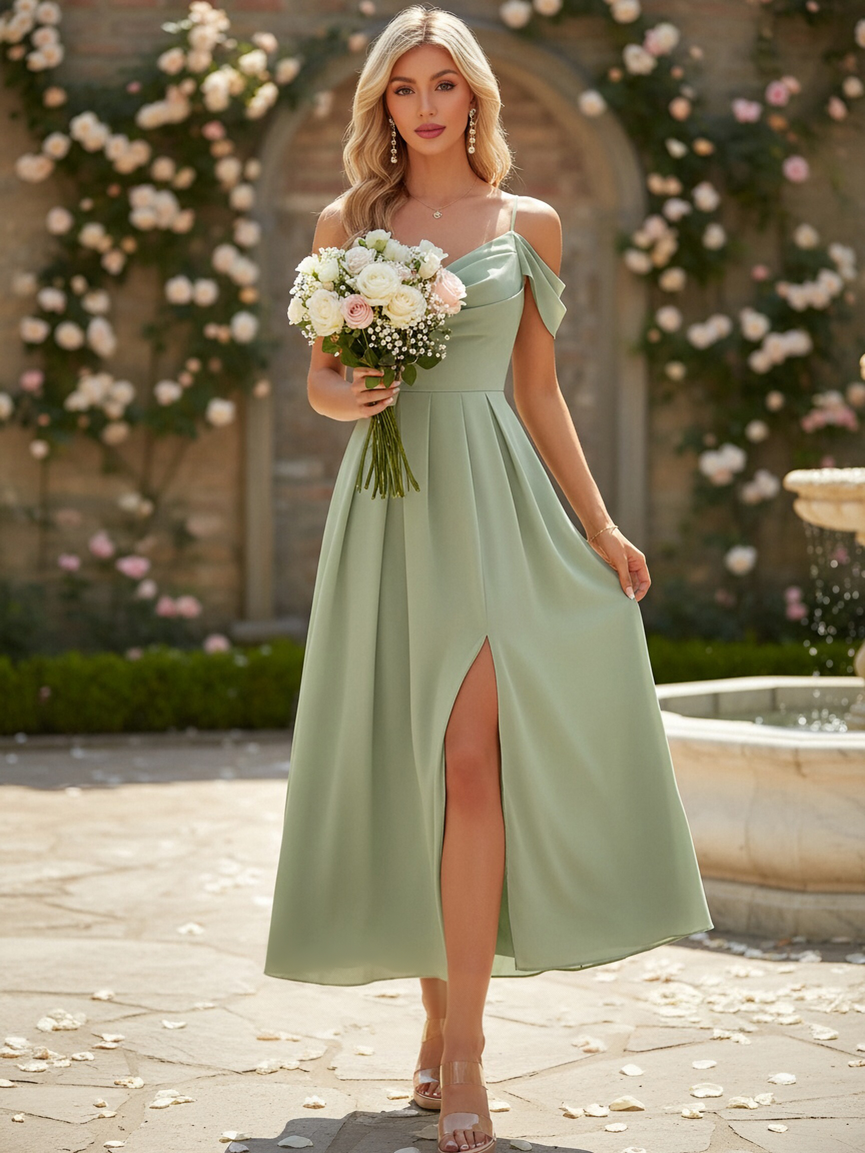 Chiffon Off the Shoulder Spaghetti Straps Bridesmaid Dresses with Slit