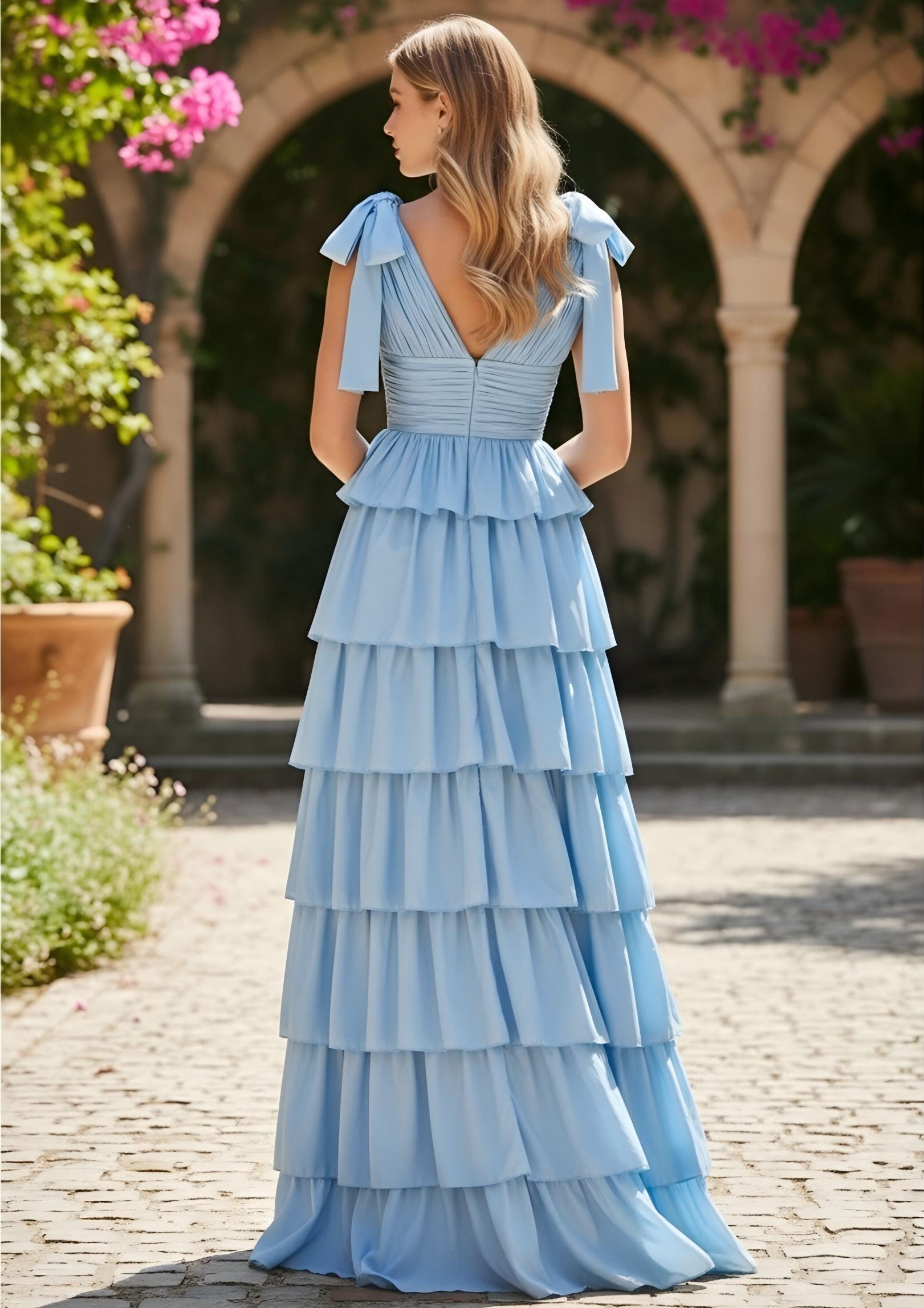 Chiffon Tiered Ruffles V Neck Bridesmaid Dresses with Slit