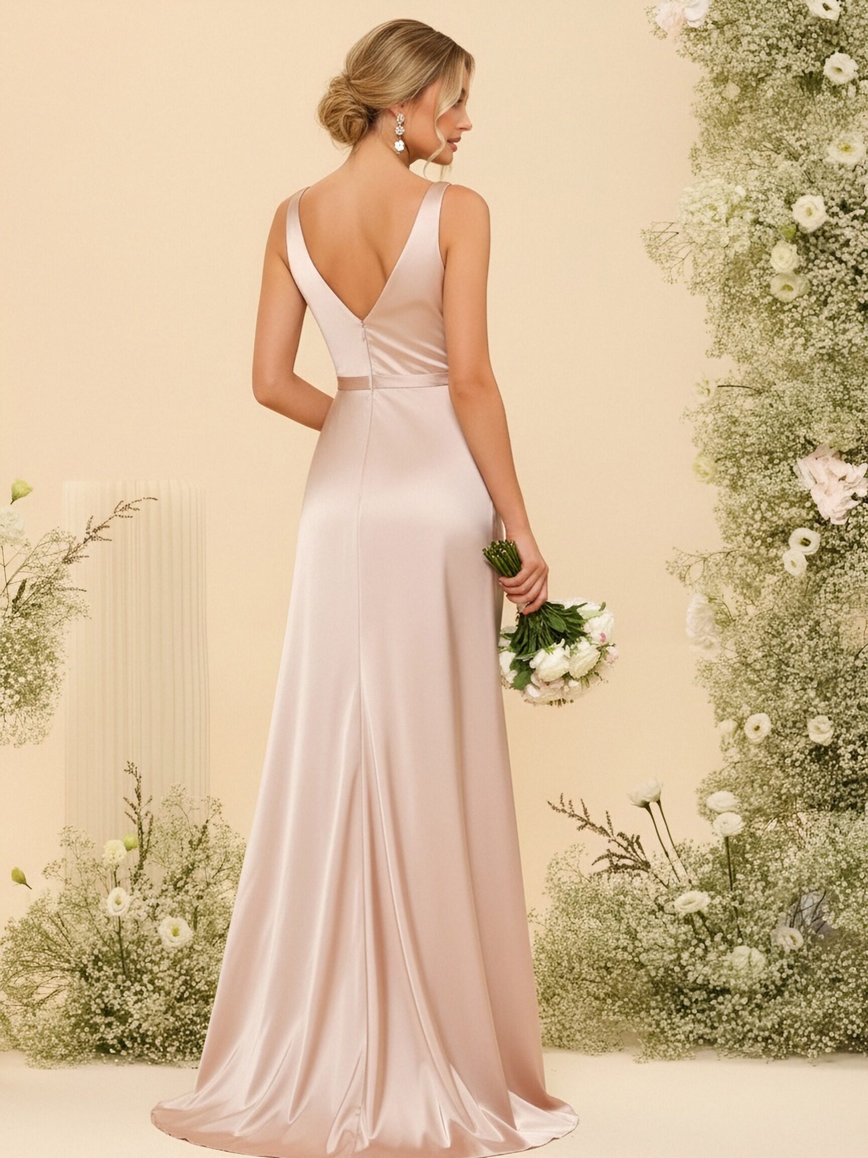 Satin V Neck Ruched Bridesmaid Dresses with Slit