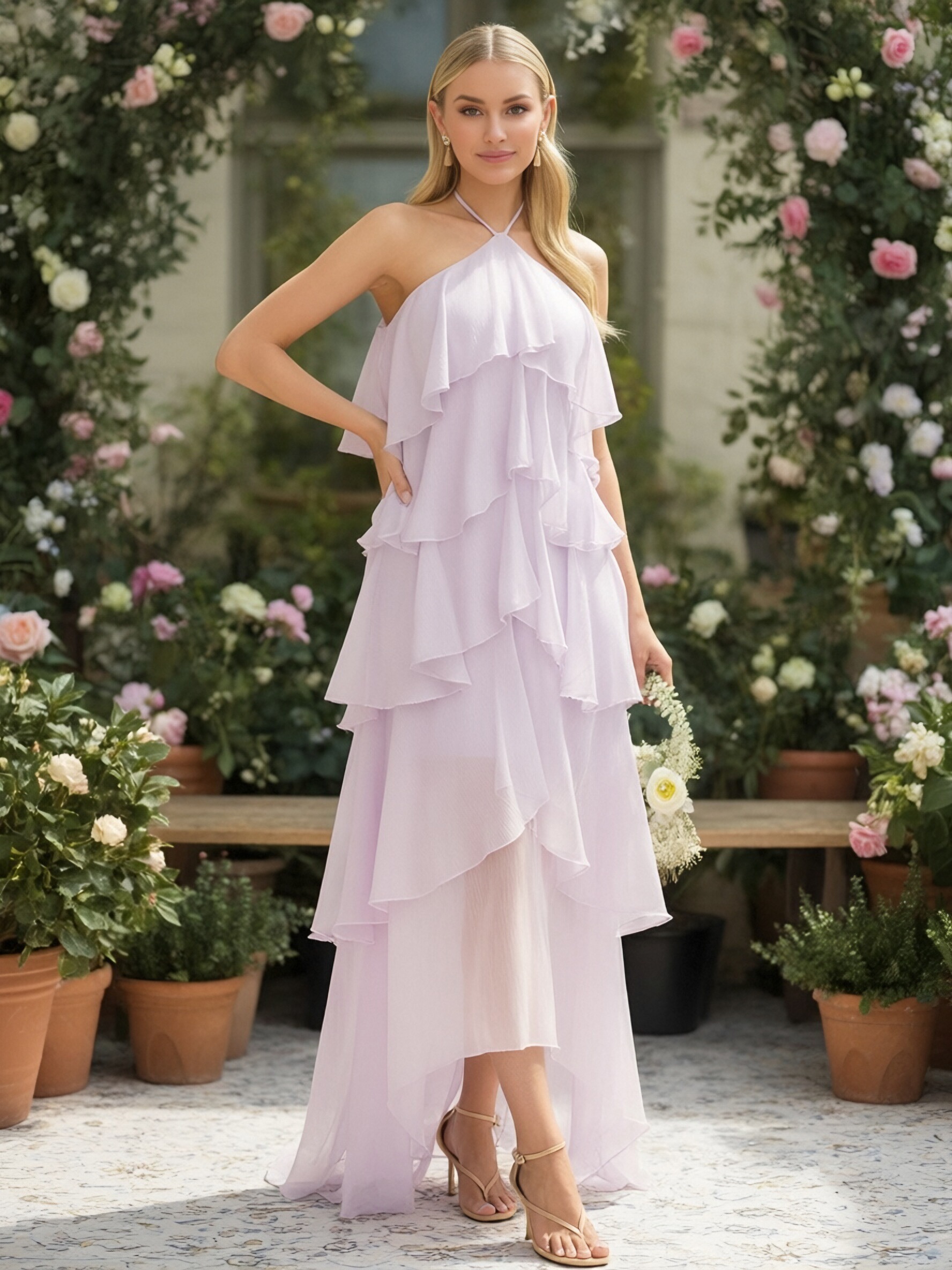 Chiffon Halter A Line Pleated Ruffles Bridesmaid Dresses