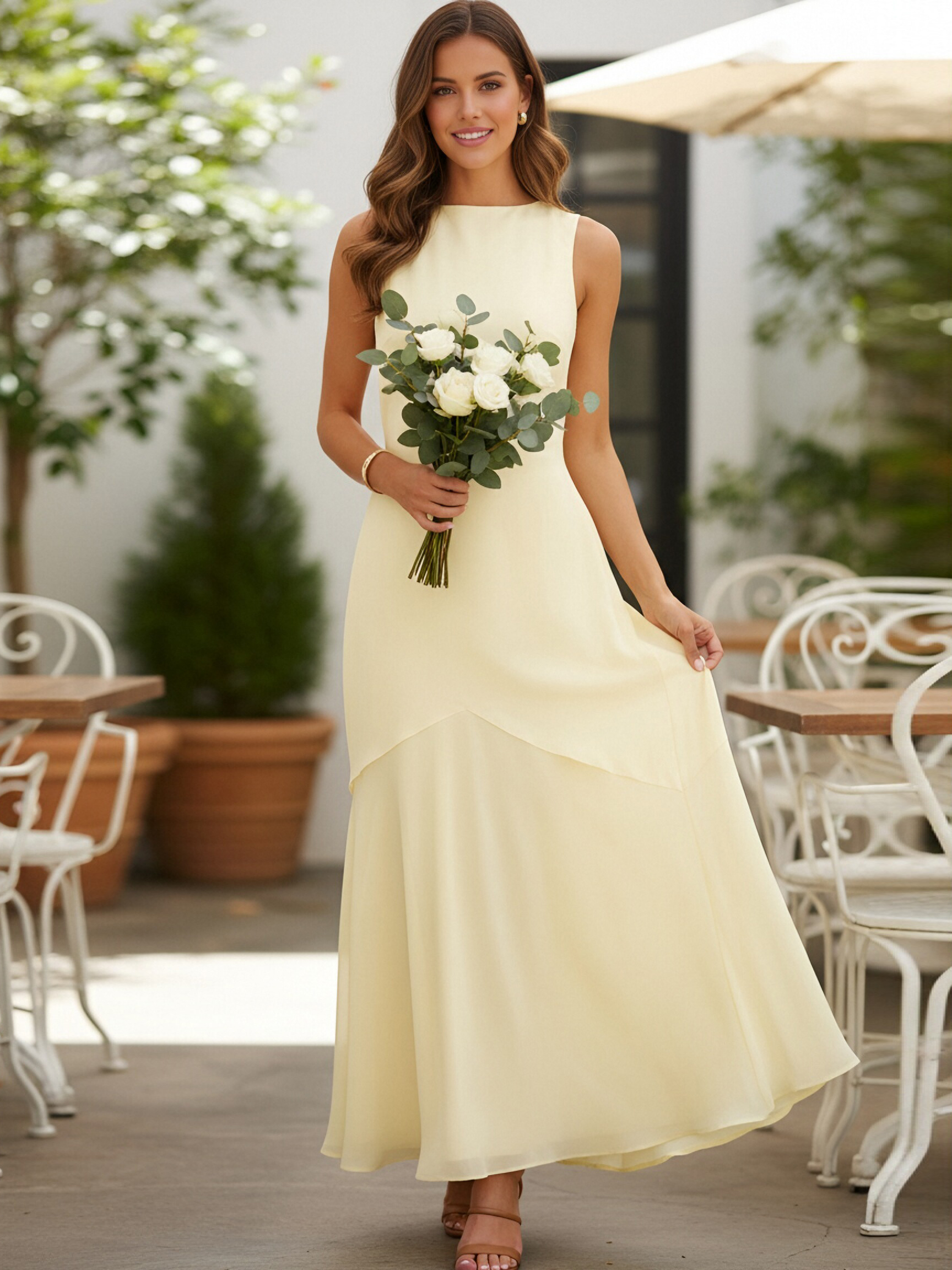 Chiffon Round Neck Sleeveless Ruffles Bridesmaid Dresses