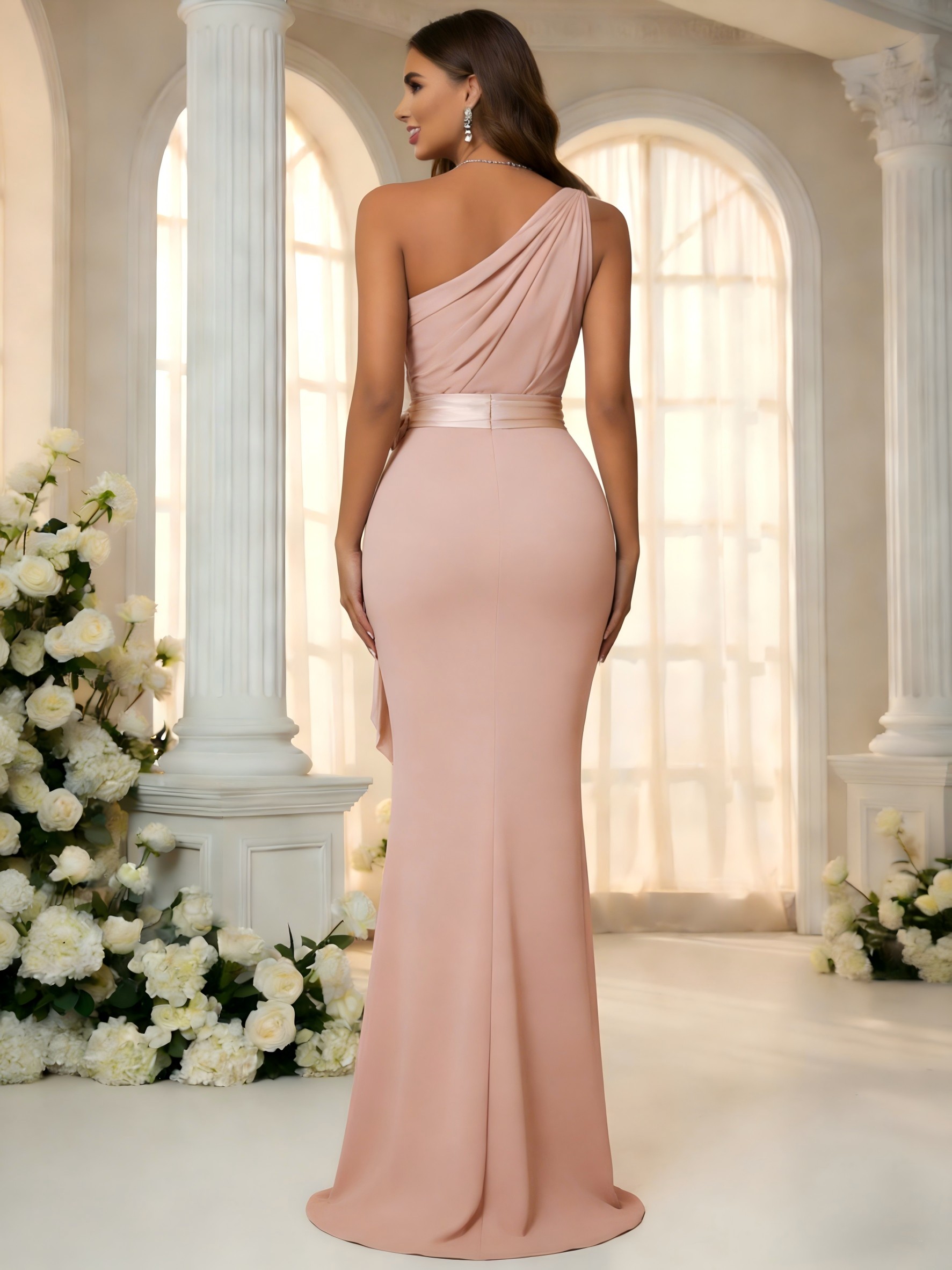 Chiffon Sheath One Shoulder Sleeveless Bridesmaid Dresses with Bow