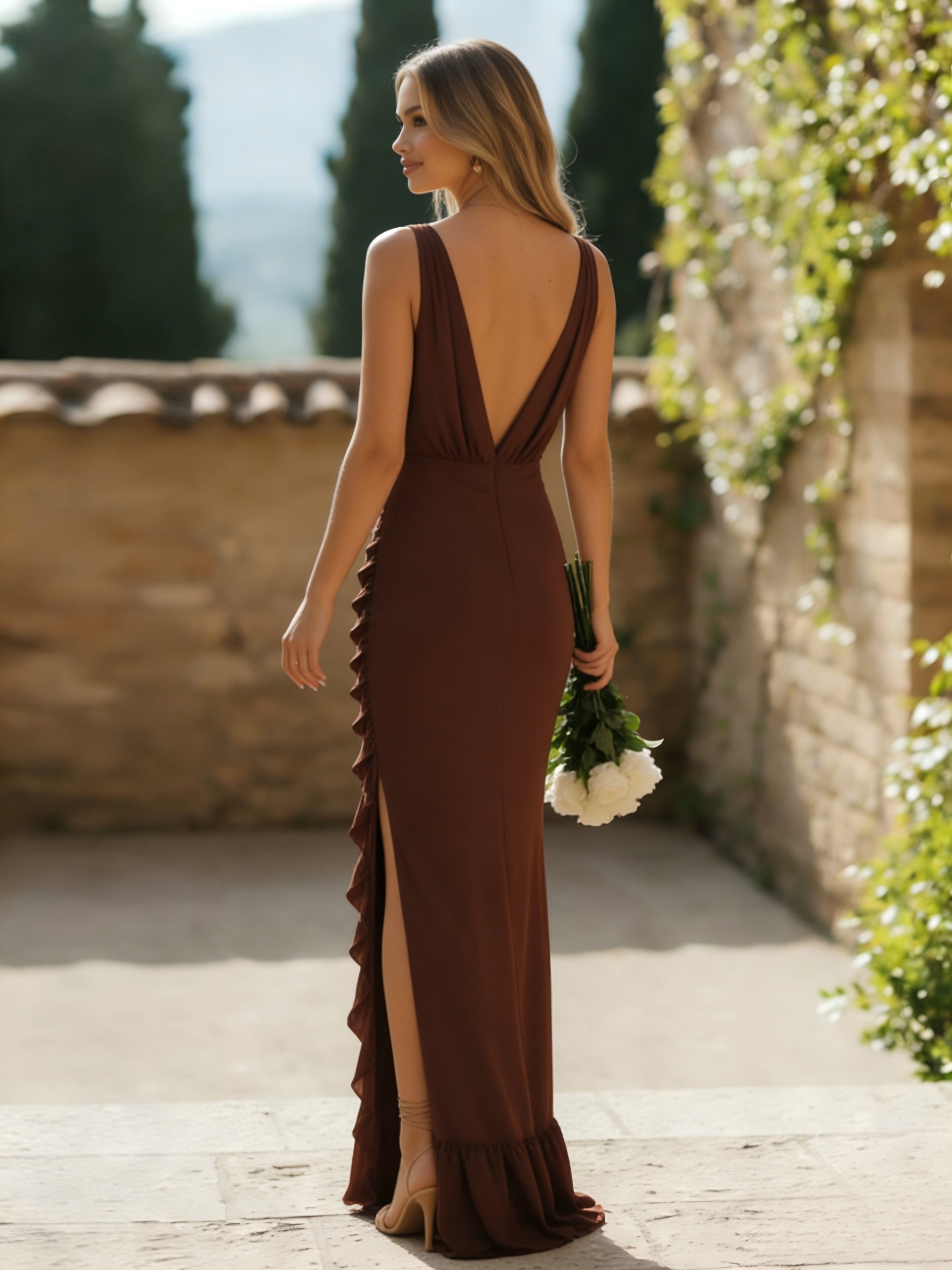 Chiffon Mermaid V Neck Ruffles Bridesmaid Dresses with Slit