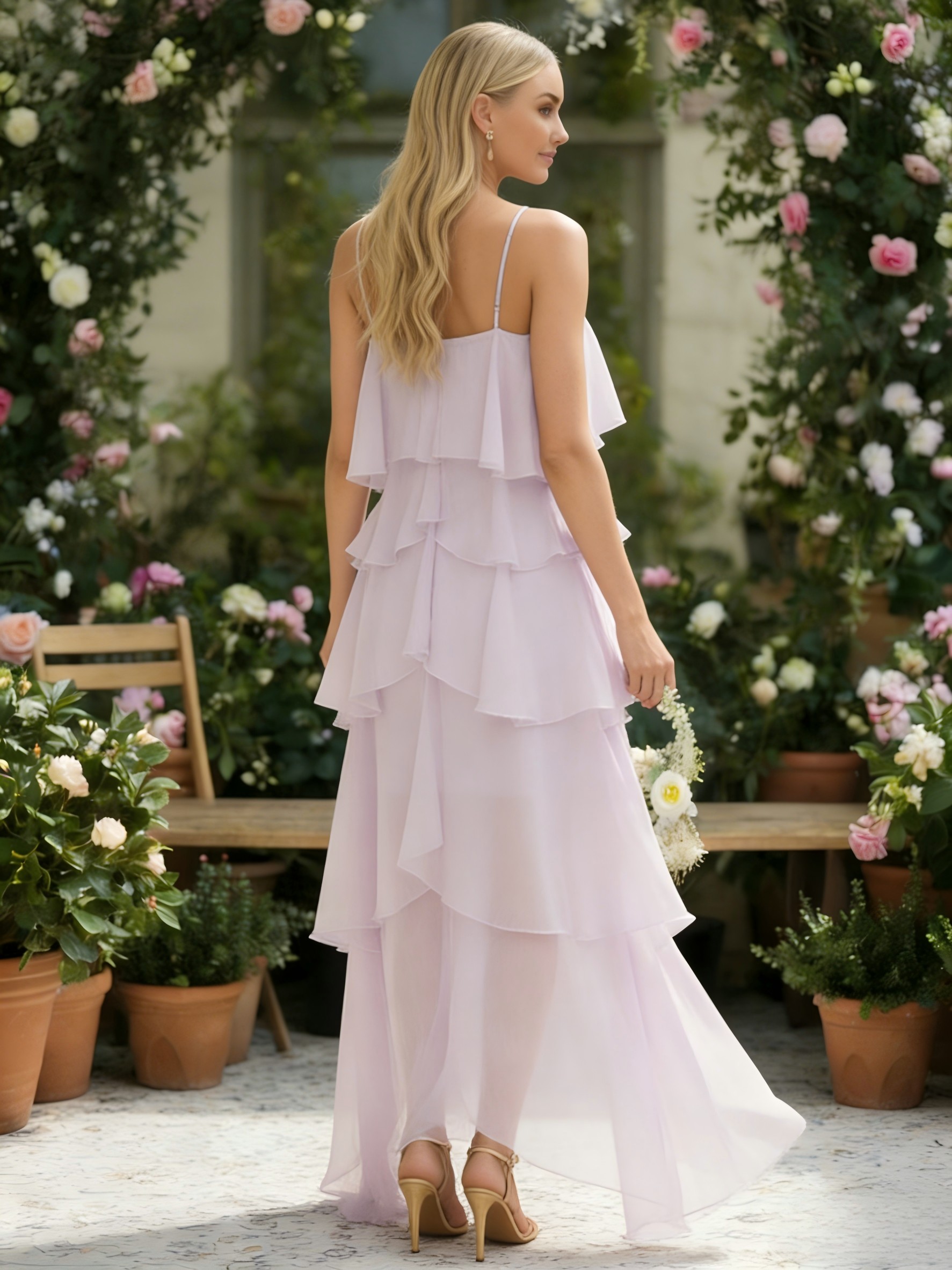 Chiffon A Line V Neck Spaghetti Straps Ruffles Bridesmaid Dresses