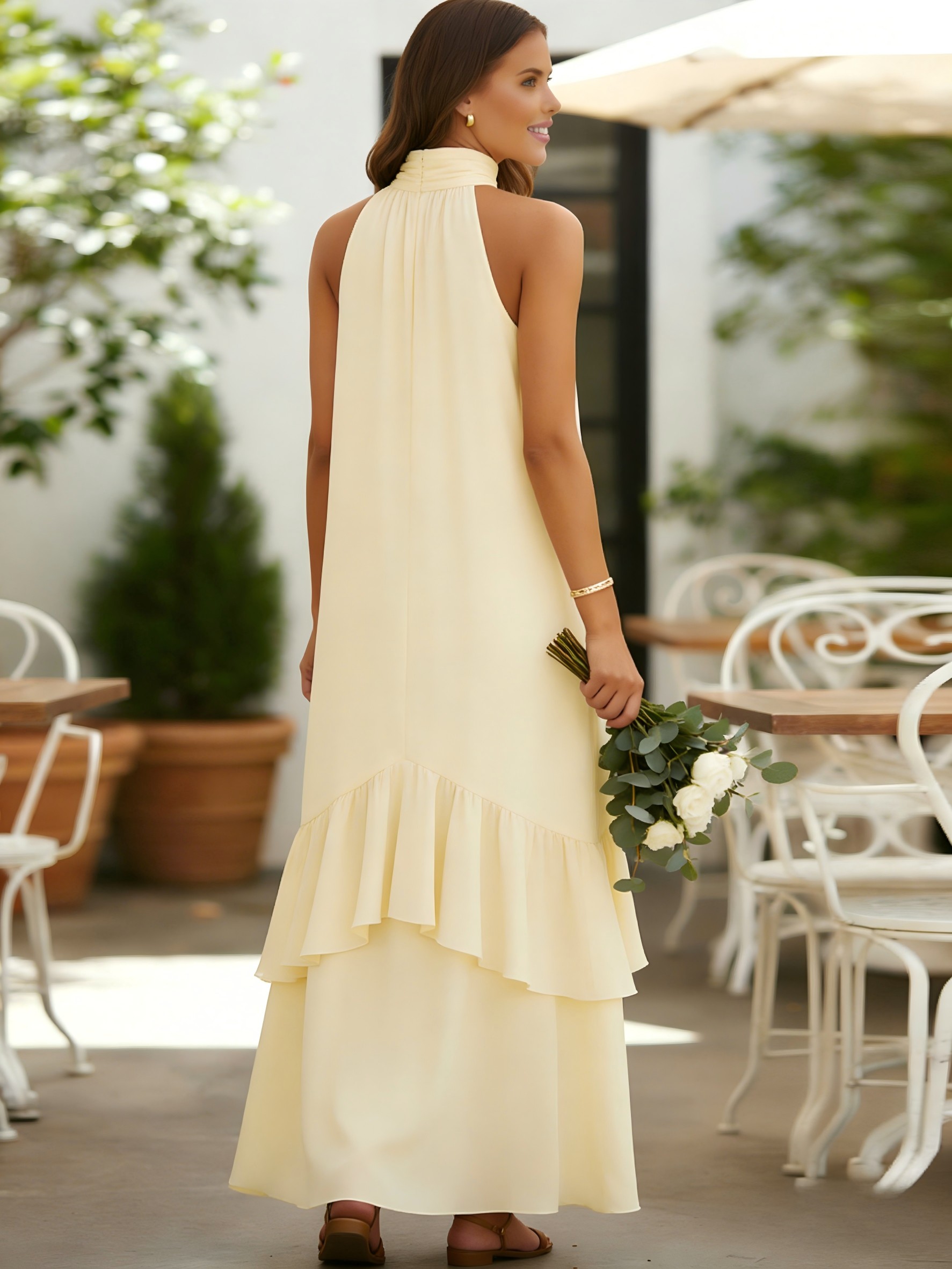 Chiffon A Line Halter Ruffles Sleeveless Bridesmaid Dresses