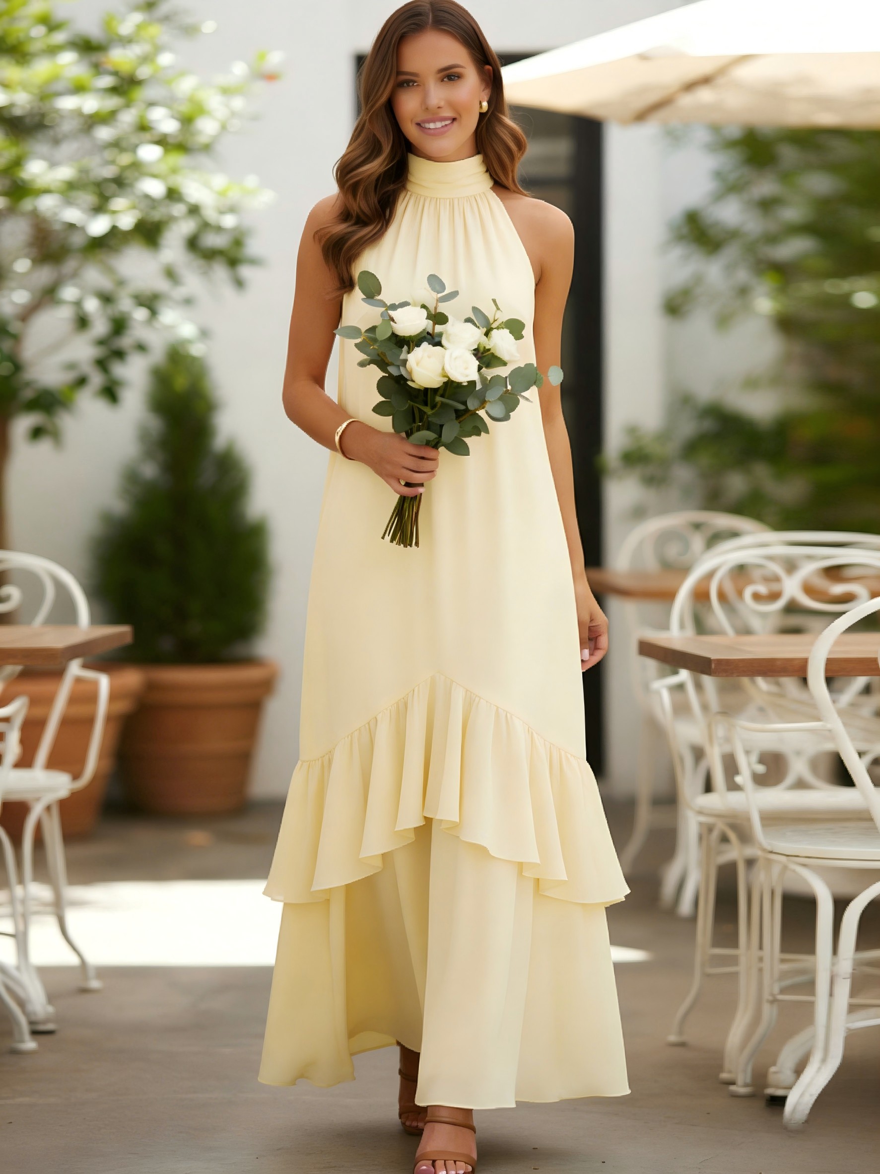 Chiffon A Line Halter Ruffles Sleeveless Bridesmaid Dresses