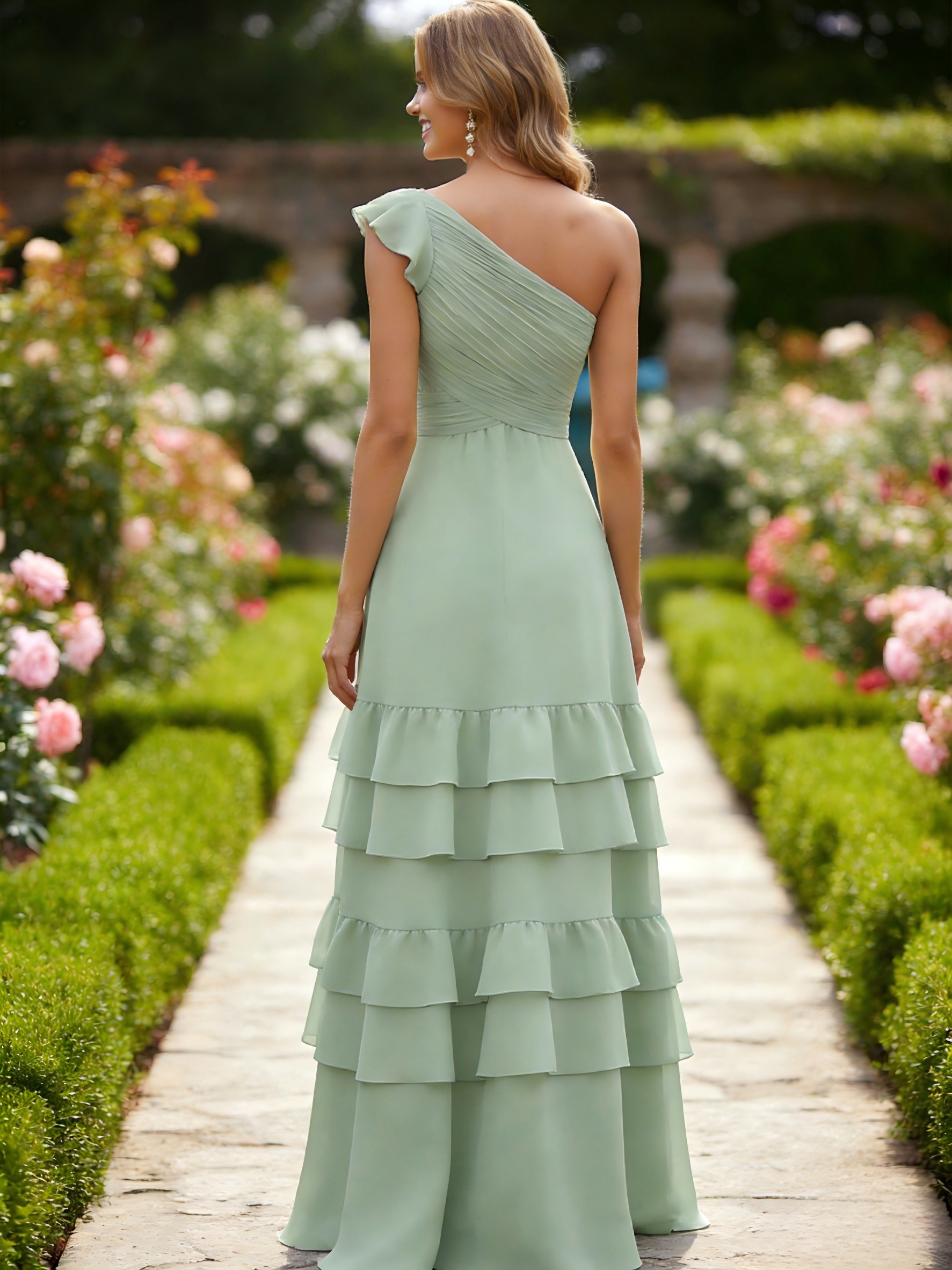 Chiffon A Line One Shoulder Ruffles Pleated Bridesmaid Dresses