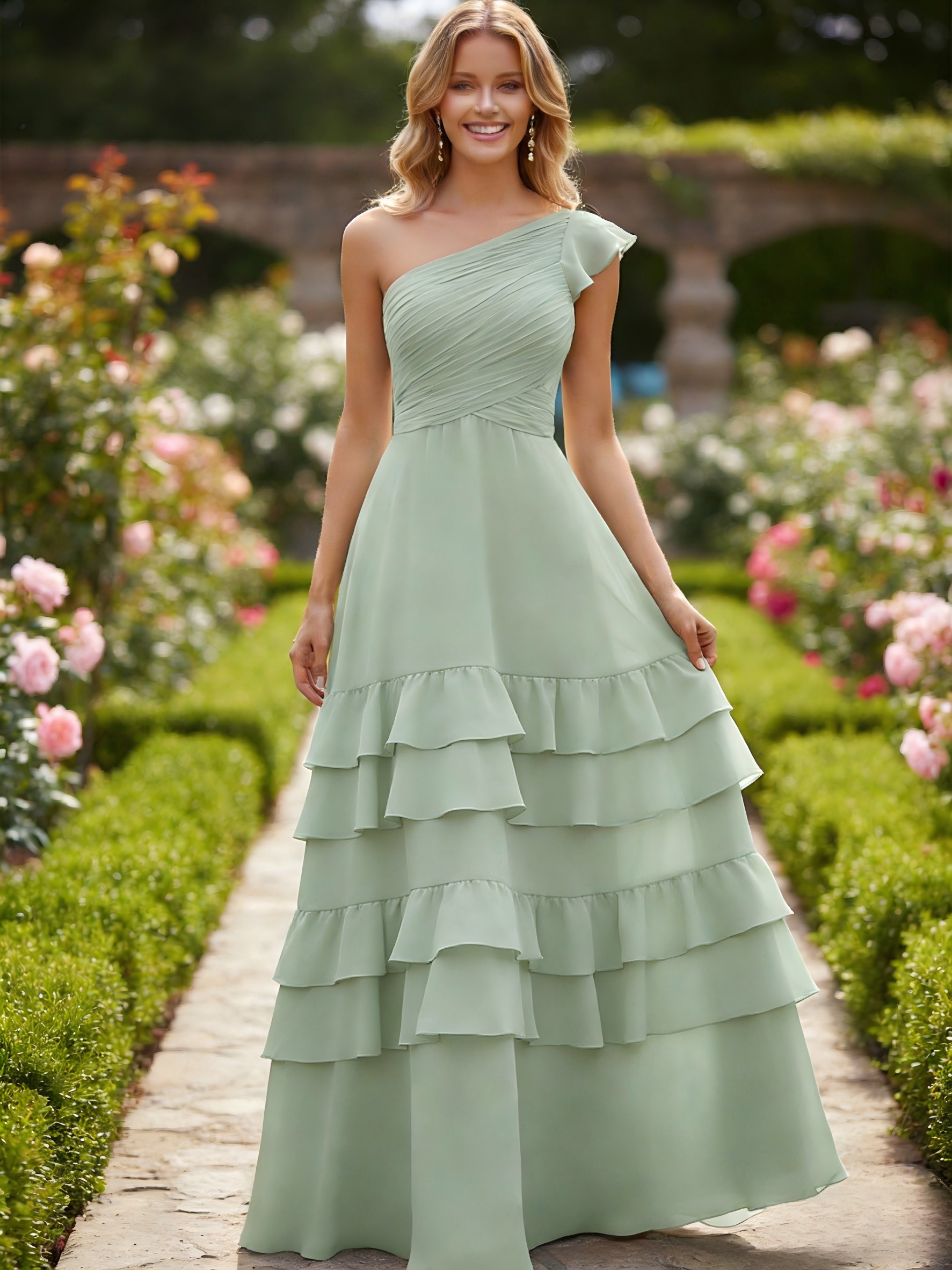 Chiffon A Line One Shoulder Ruffles Pleated Bridesmaid Dresses