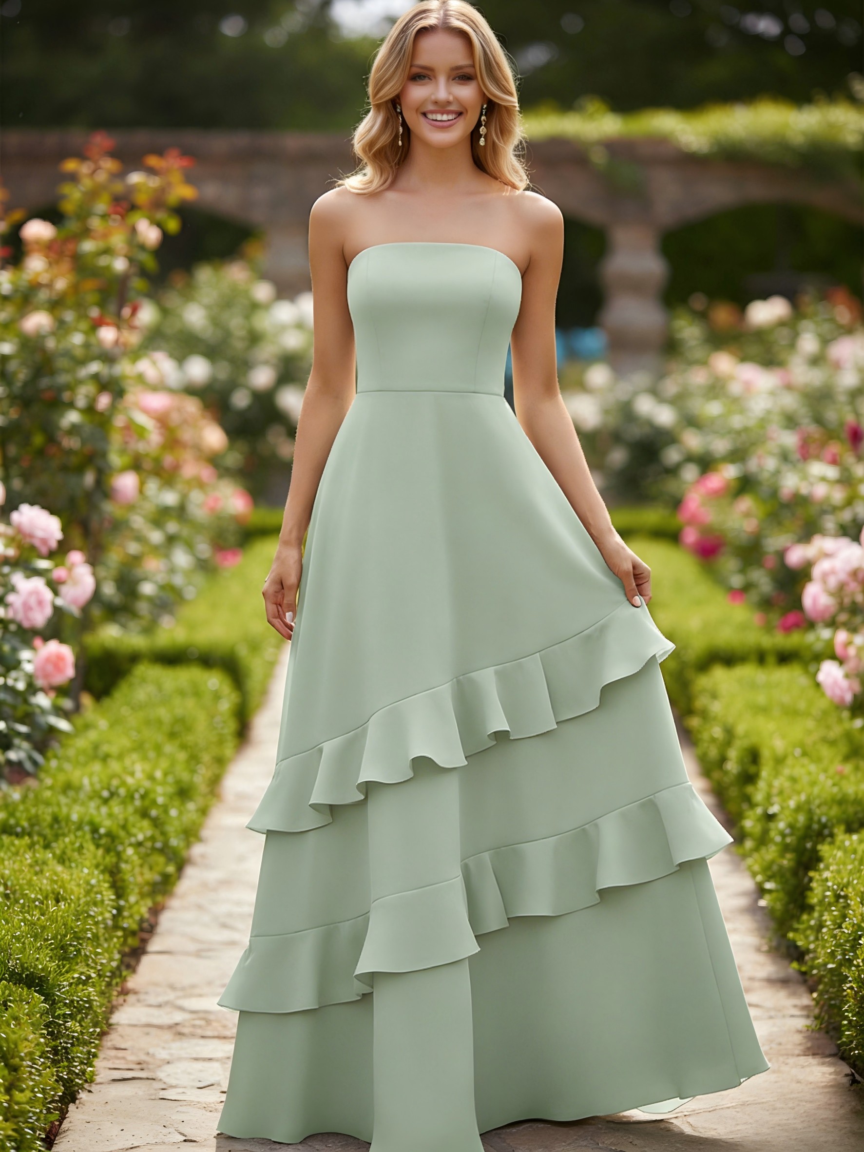 Chiffon A Line Strapless Ruffles Sleeveless Bridesmaid Dresses
