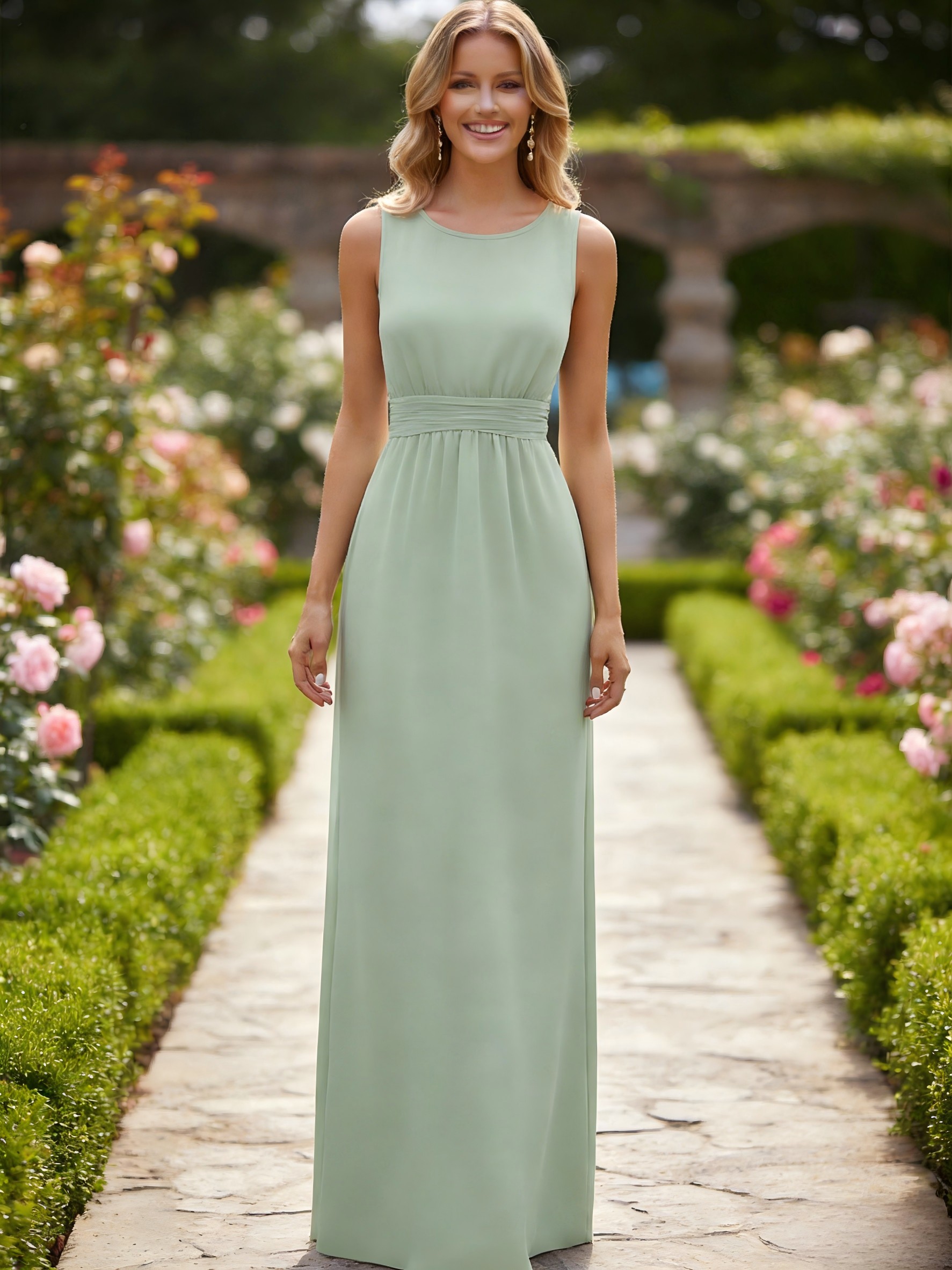 Chiffon Round Neck Sheath Sleeveless Bridesmaid Dresses