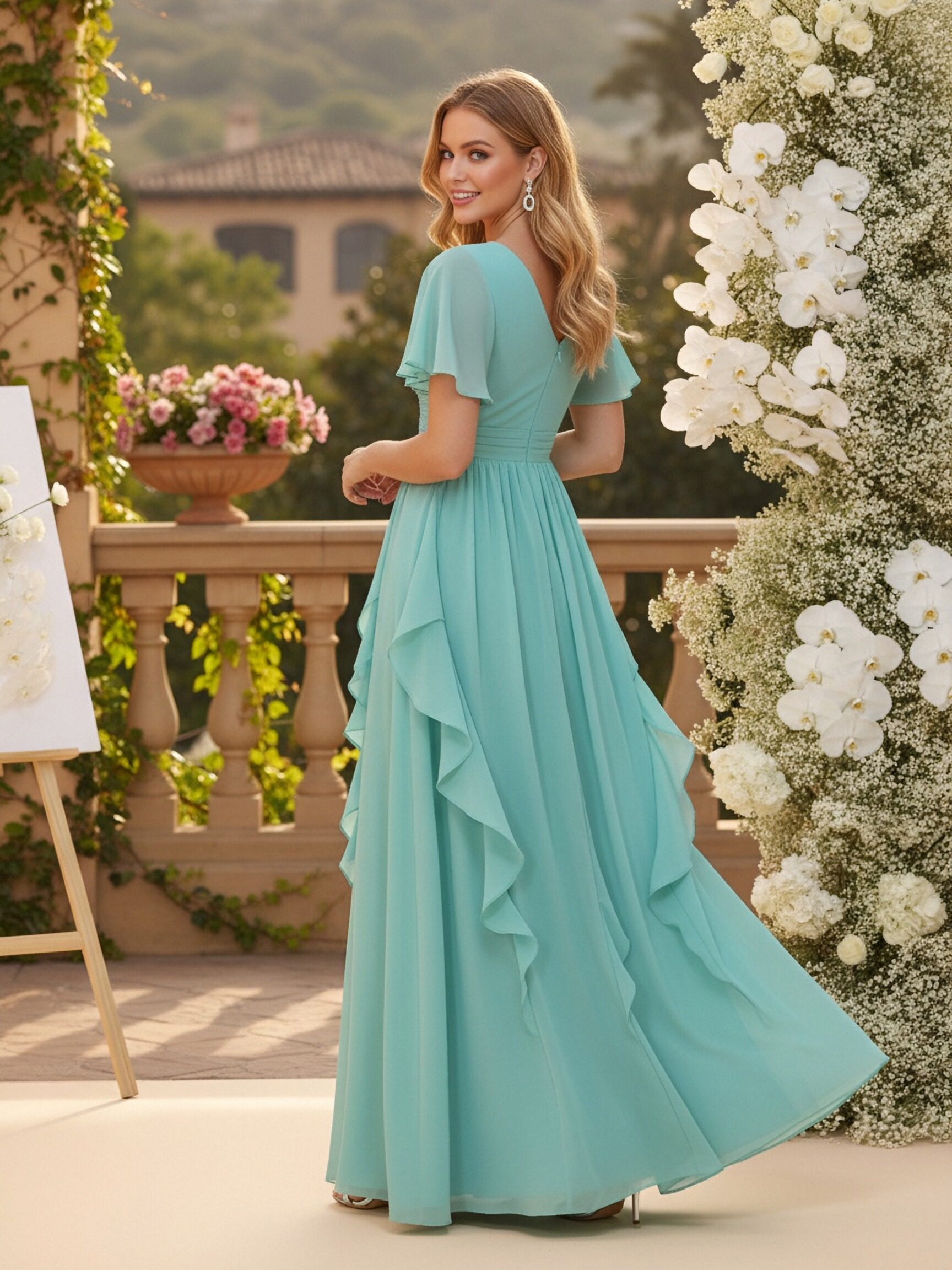 Chiffon V Neck Ruffles Short Sleeves Bridesmaid Dresses