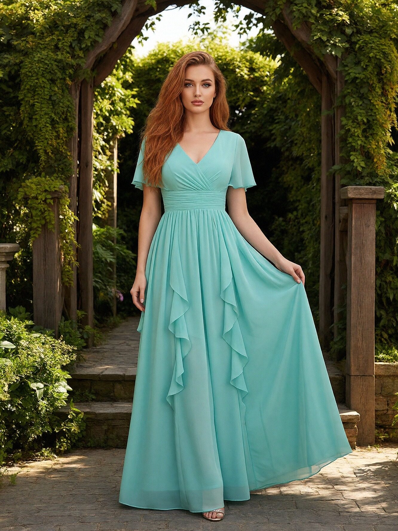 Chiffon V Neck Ruffles Short Sleeves Bridesmaid Dresses