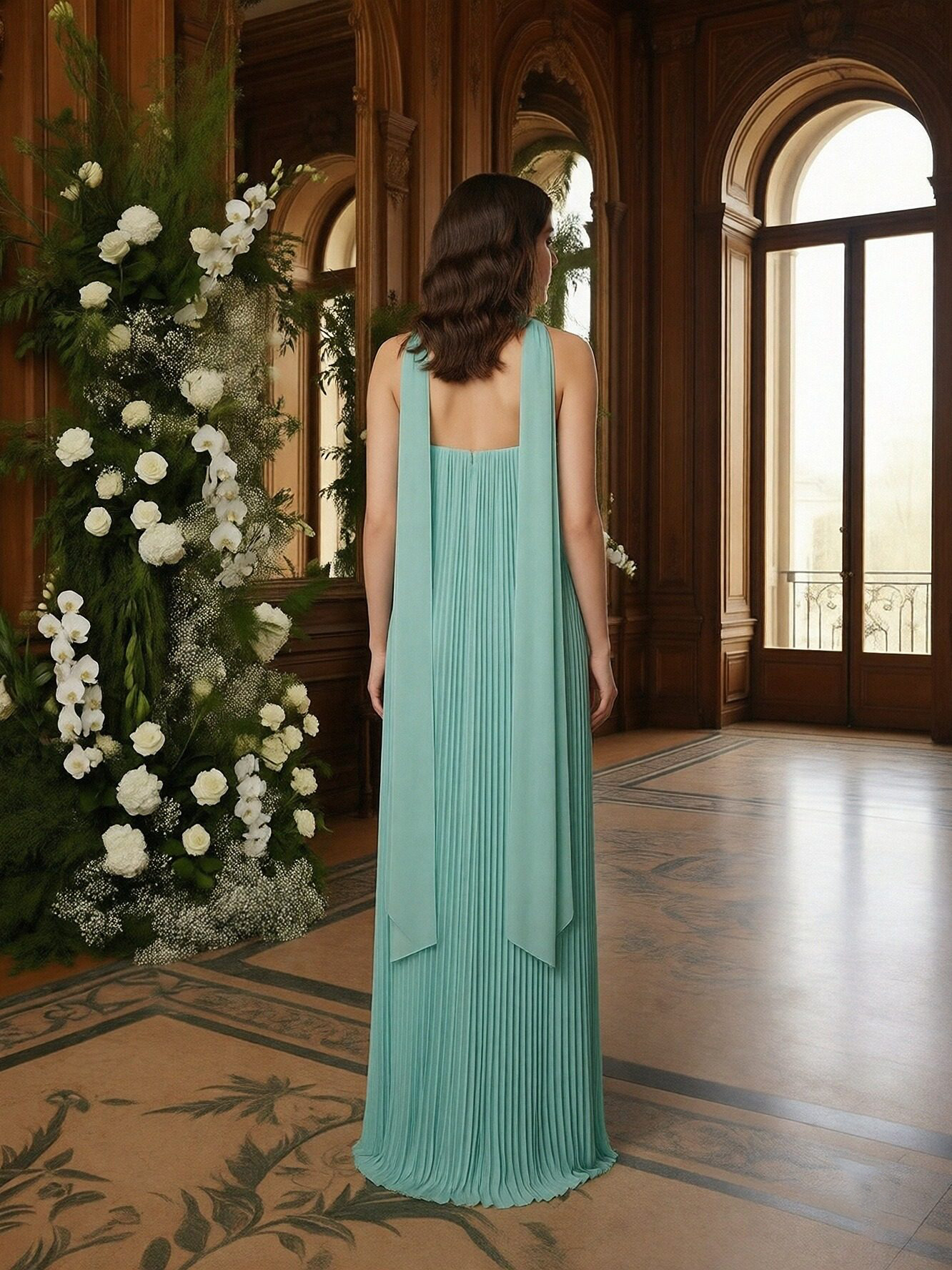 Chiffon Strapless Pleated Bridesmaid Dresses with Scarf