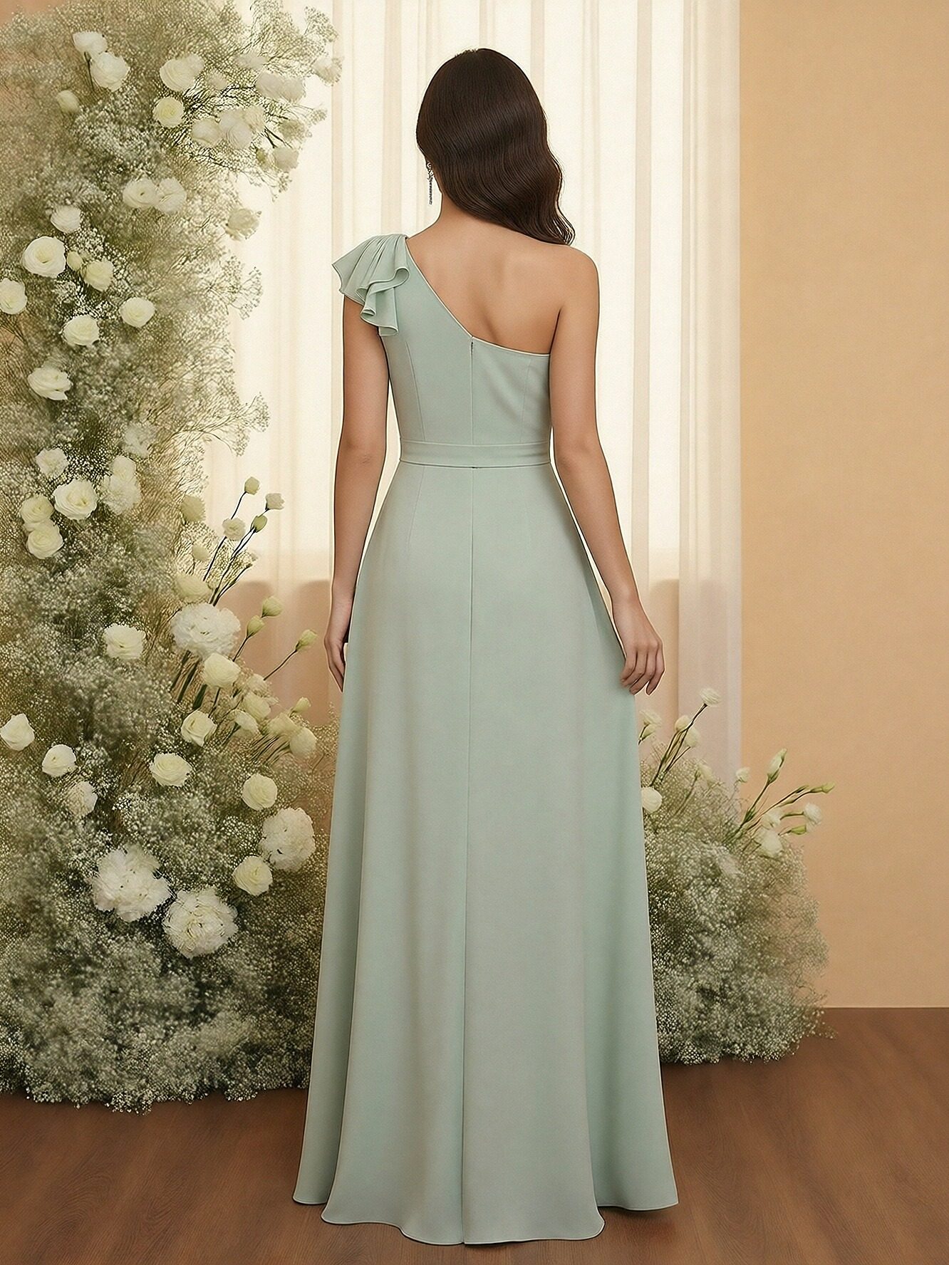 Chiffon One Shoulder Ruffles Bridesmaid Dresses with Slit