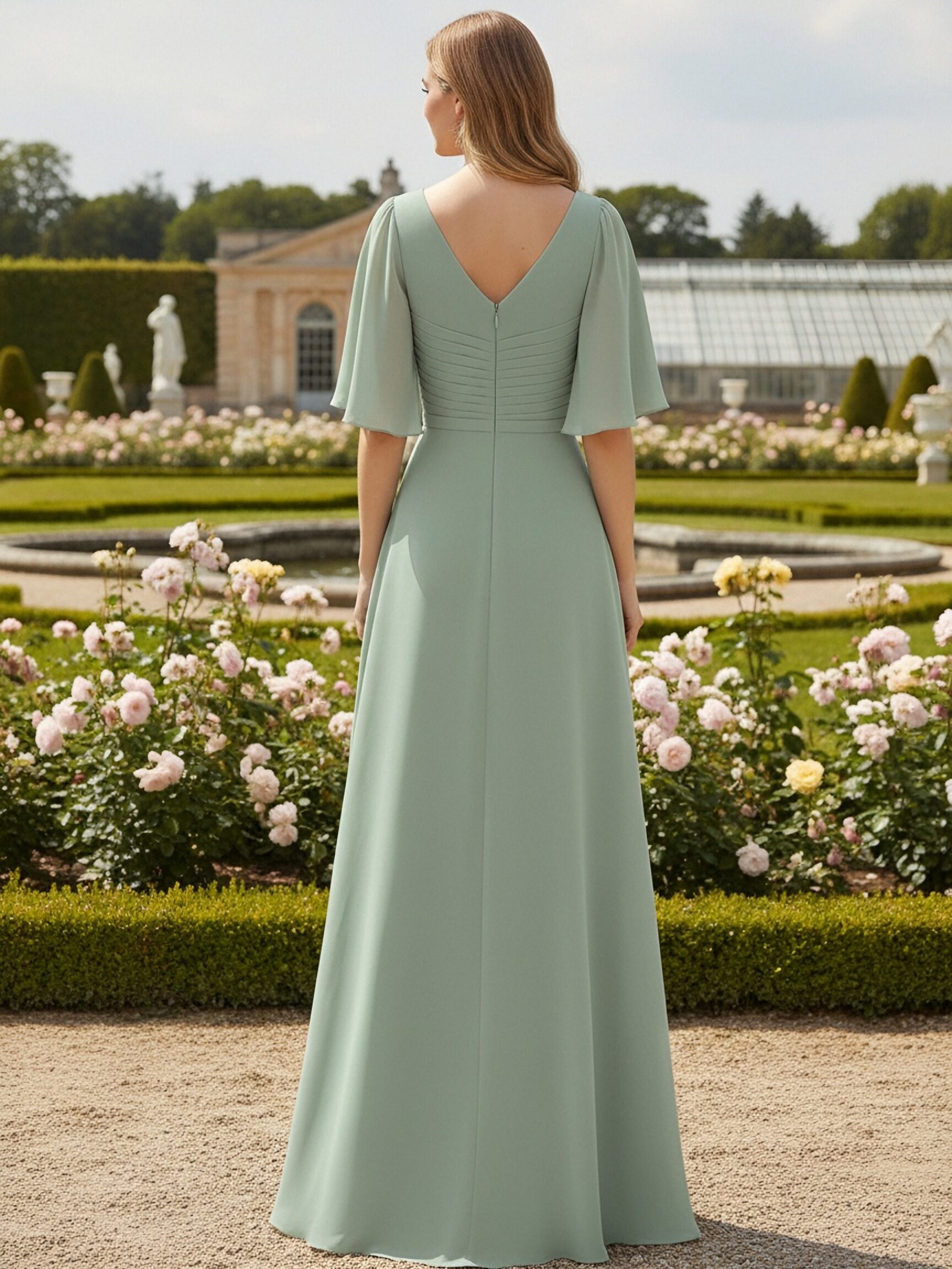 Chiffon V Neck Short Sleeves Ruffles Bridesmaid Dresses