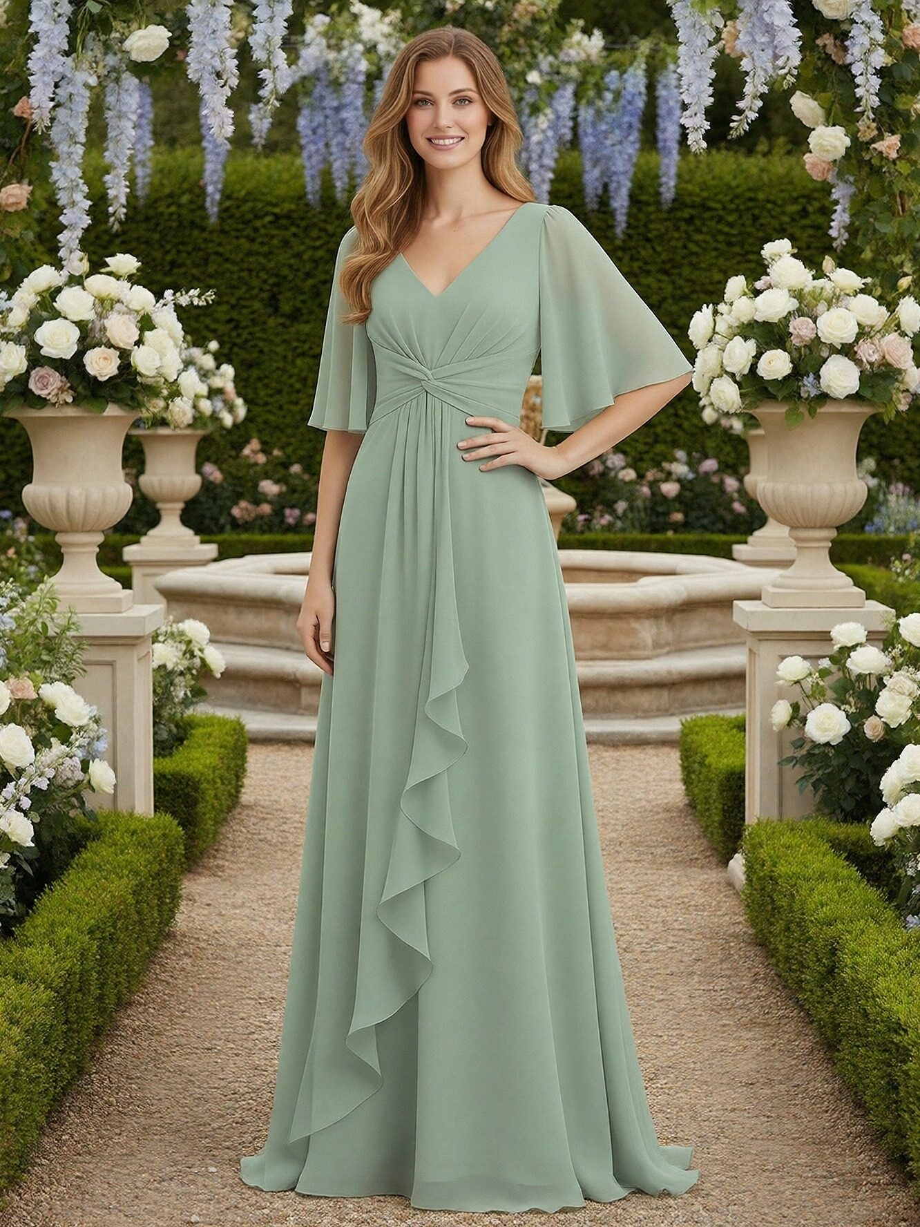 Chiffon V Neck Short Sleeves Ruffles Bridesmaid Dresses