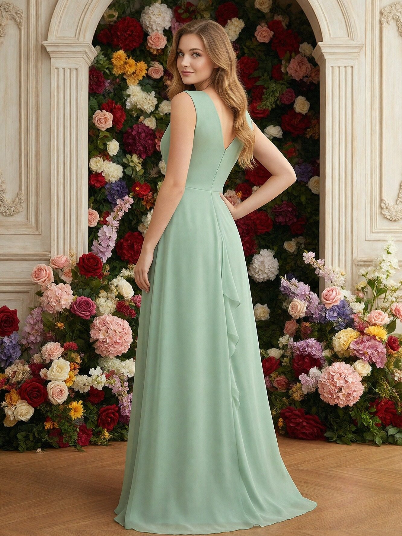 Chiffon V Neck Sleeveless Ruffles Bridesmaid Dresses