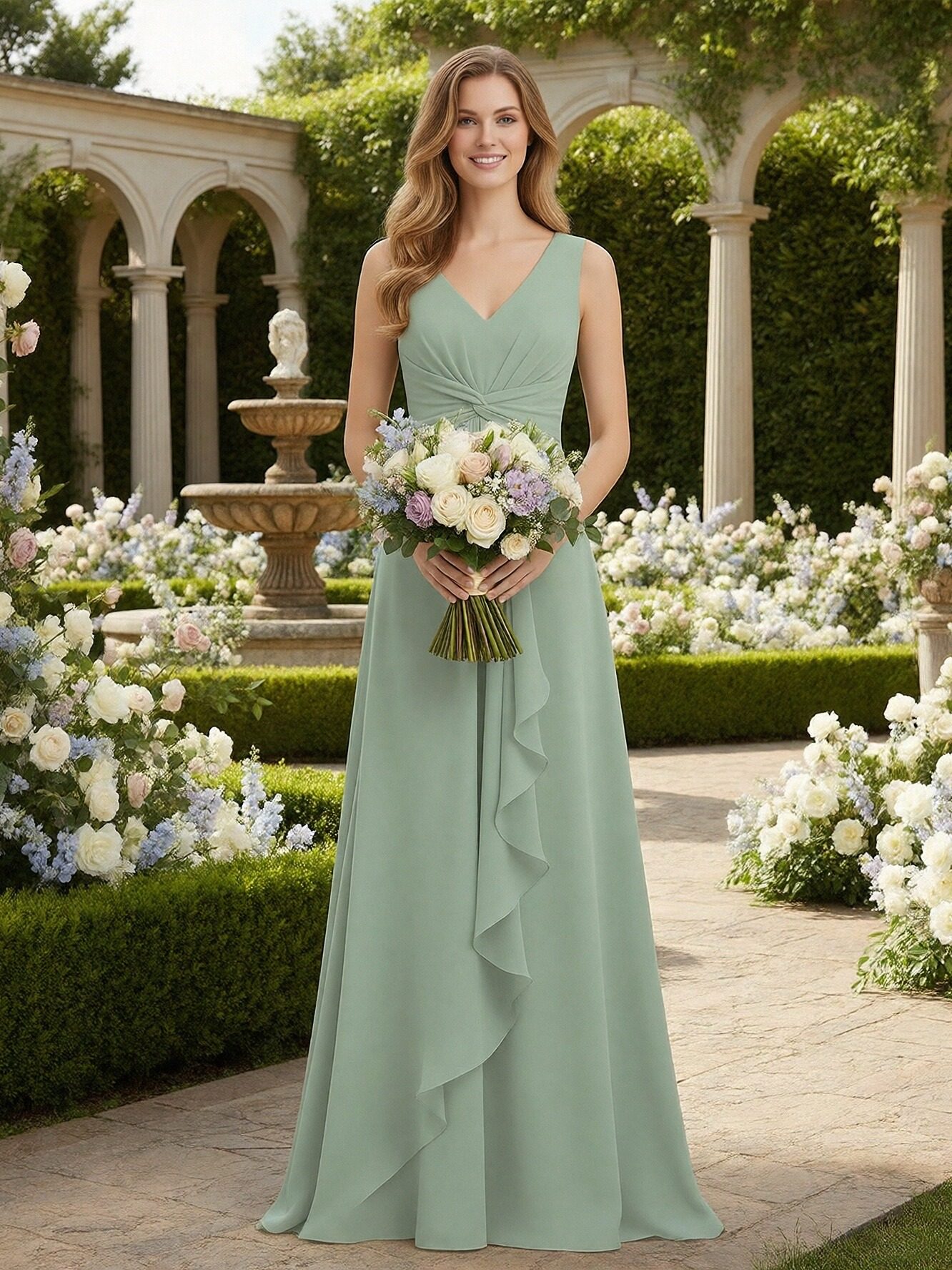 Chiffon V Neck Sleeveless Ruffles Bridesmaid Dresses