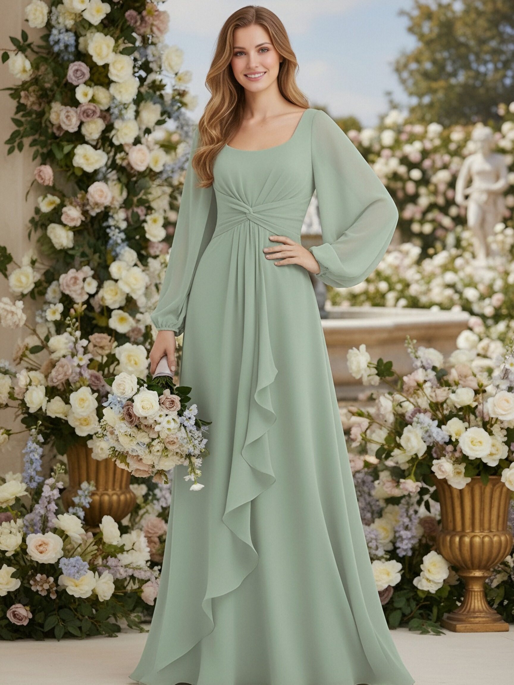 Chiffon Round Neck Long Sleeves Ruffles Bridesmaid Dresses