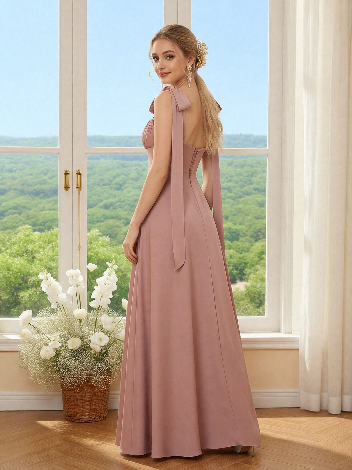 Spaghetti Straps Chiffon Pleated Bridesmaid Dresses with Bow