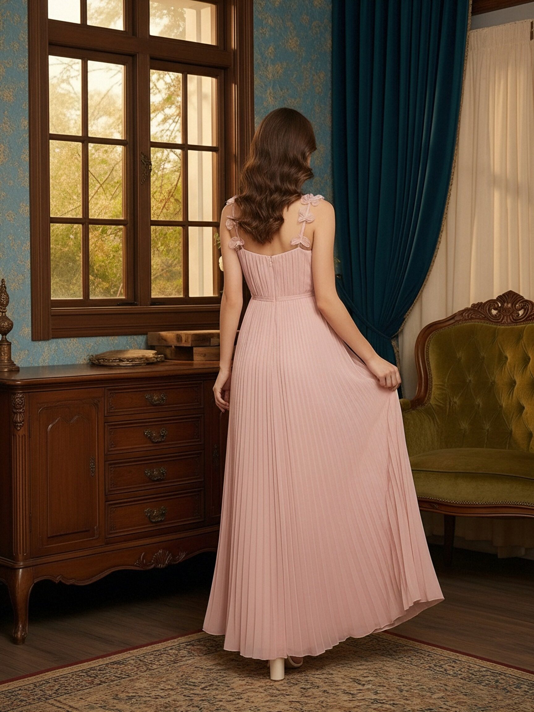 Chiffon Spaghetti Straps Sleeveless Pleated Bridesmaid Dresses